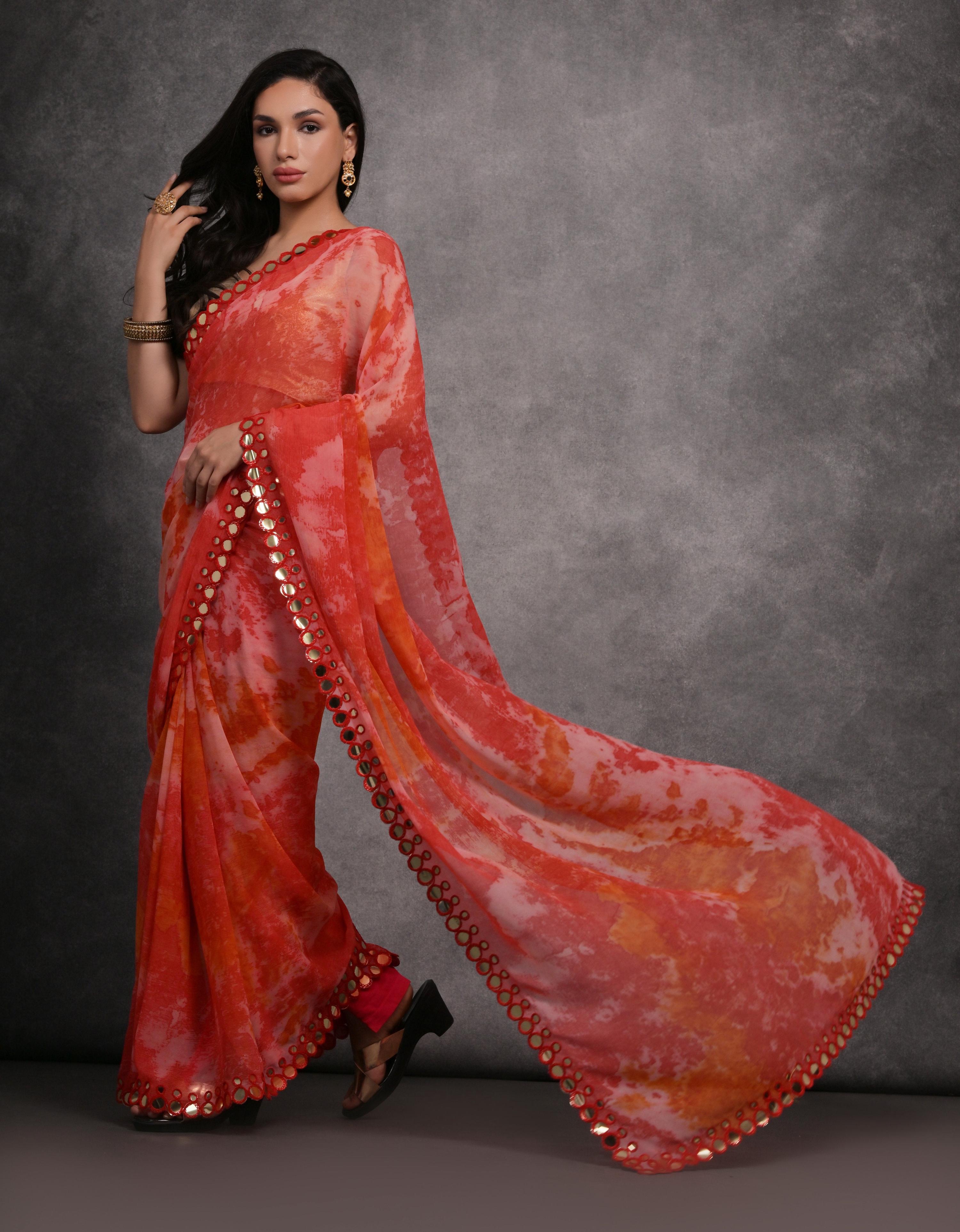 Red Chiffon Printed Mirror Work Designer Saree with Blouse