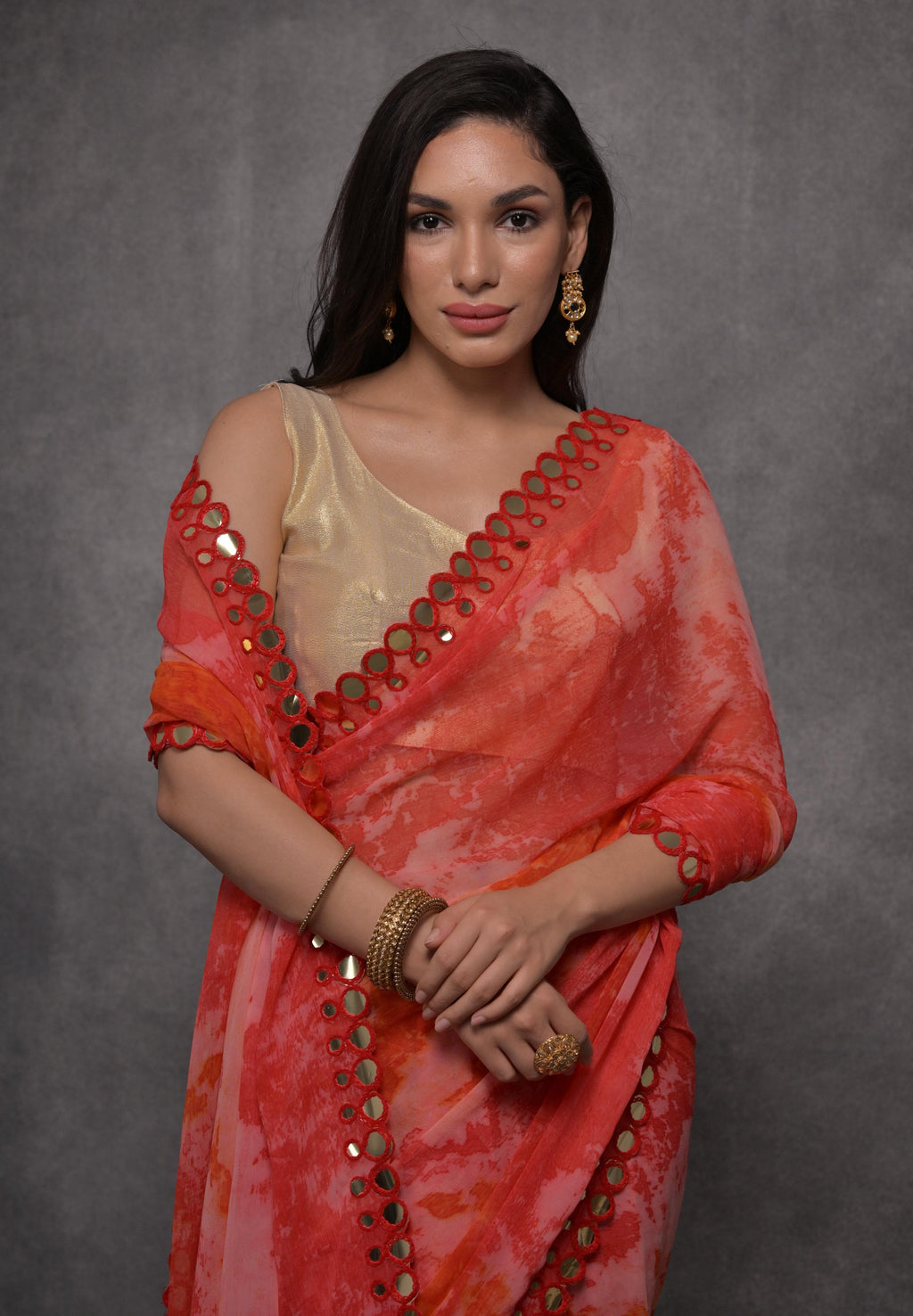 Red Chiffon Printed Mirror Work Designer Saree with Blouse