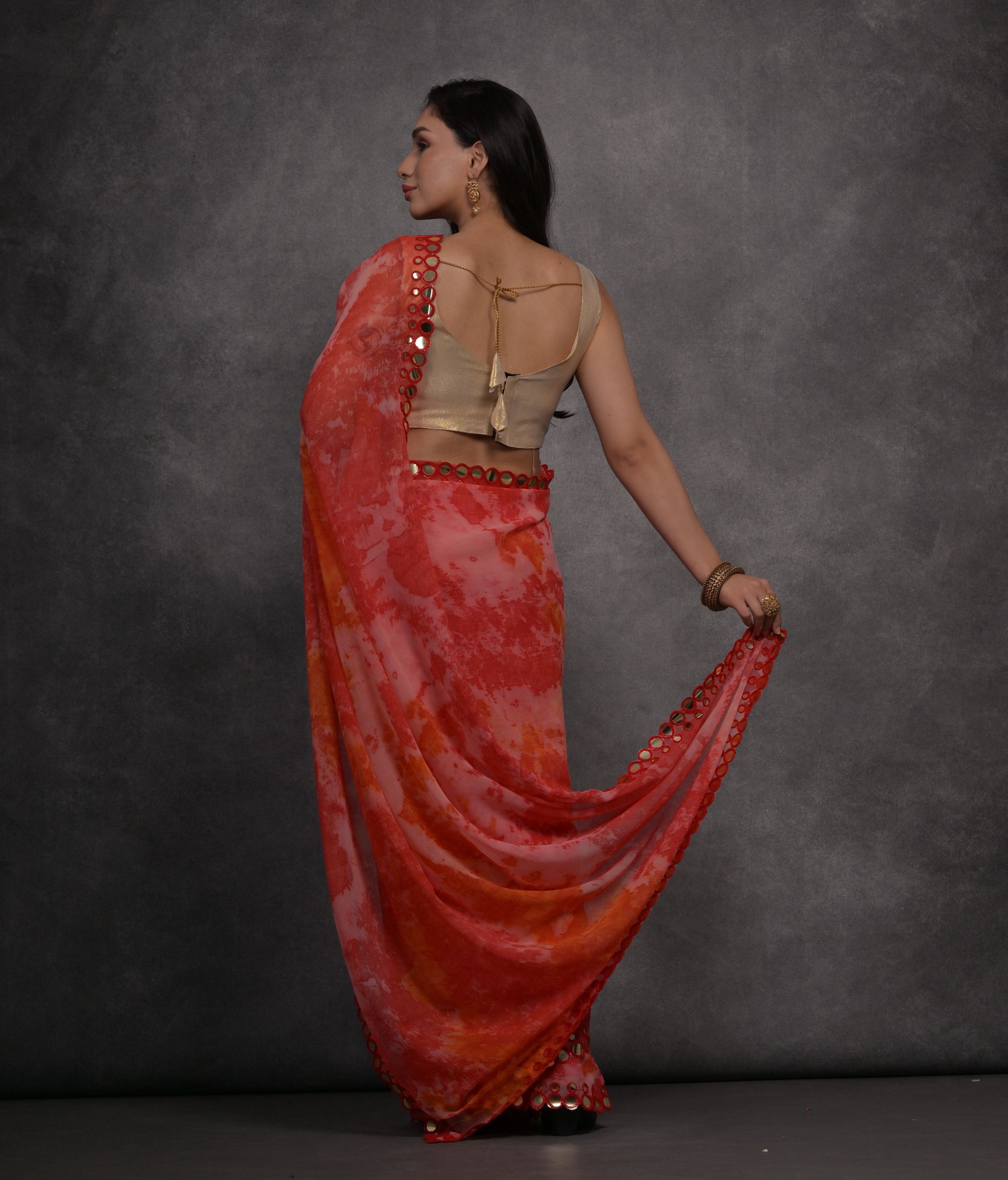 Red Chiffon Printed Mirror Work Designer Saree with Blouse