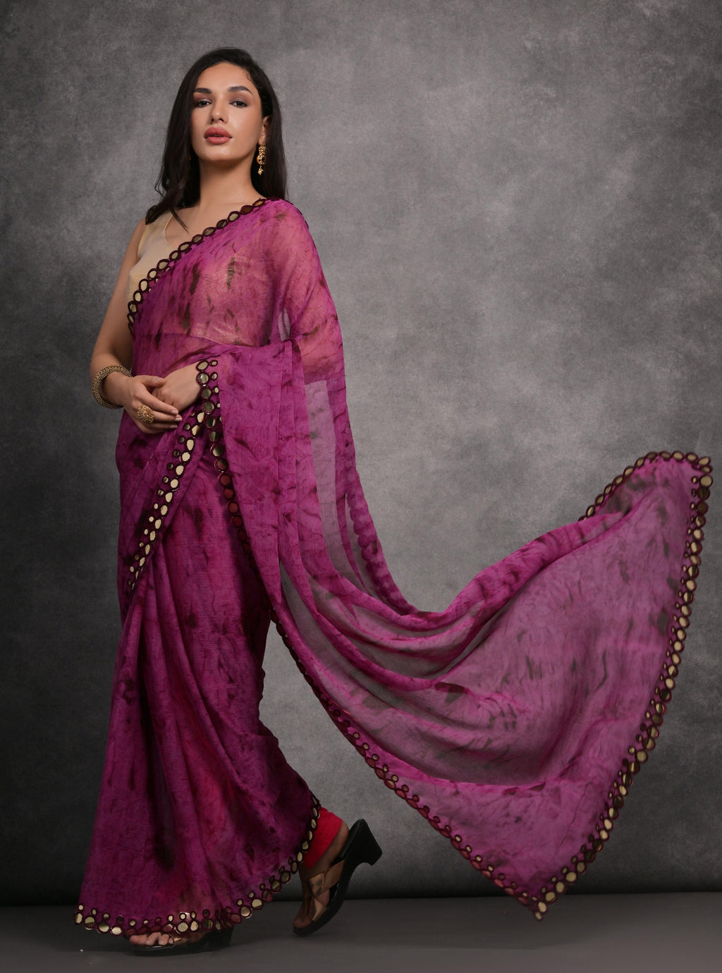 Wine Chiffon Printed Mirror Work Designer Saree with Blouse