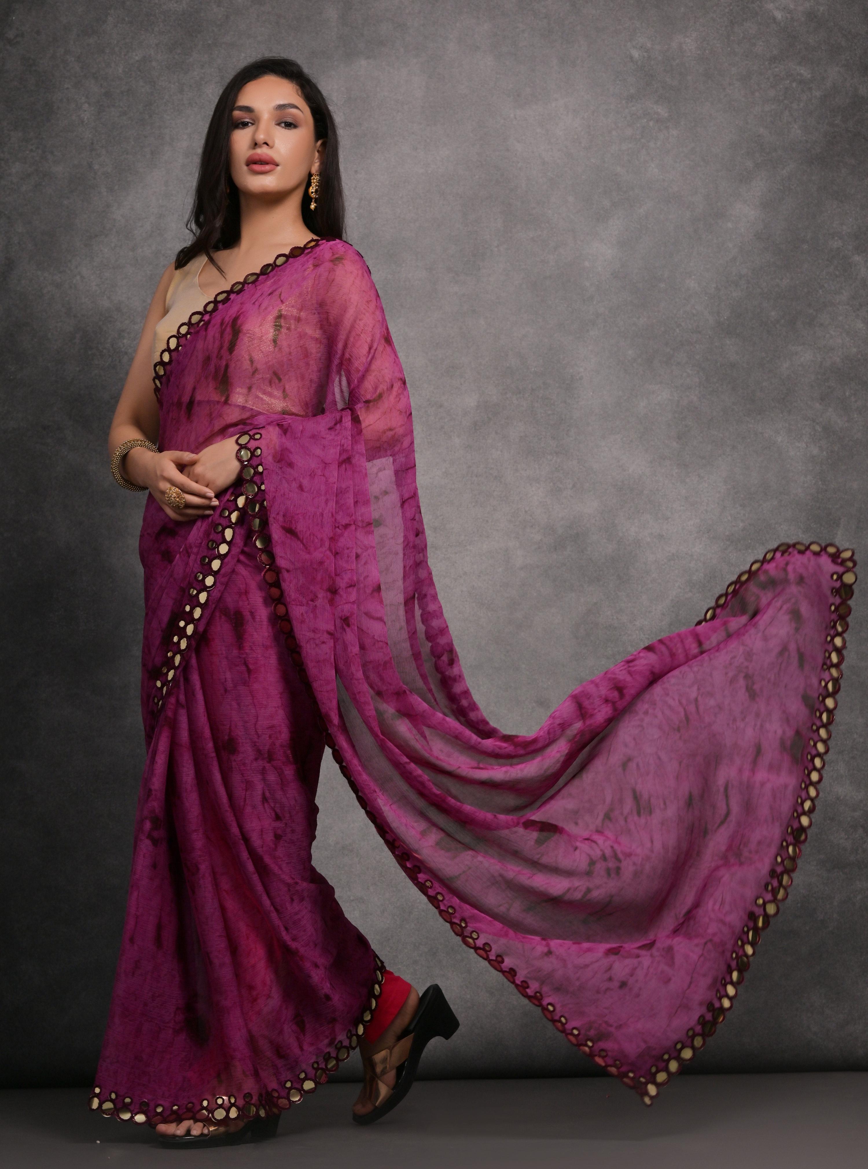 Wine Chiffon Printed Mirror Work Designer Saree with Blouse