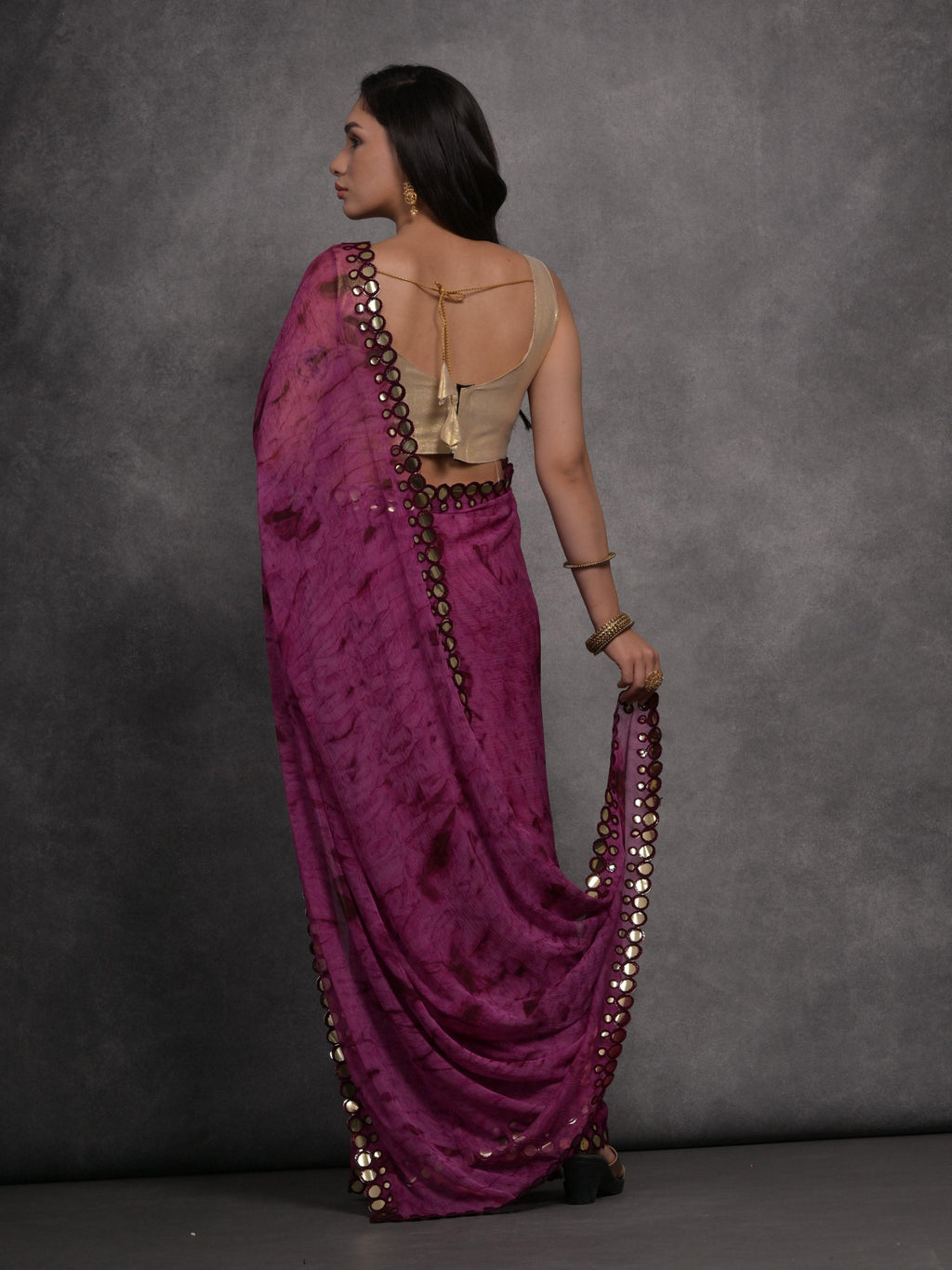 Wine Chiffon Printed Mirror Work Designer Saree with Blouse
