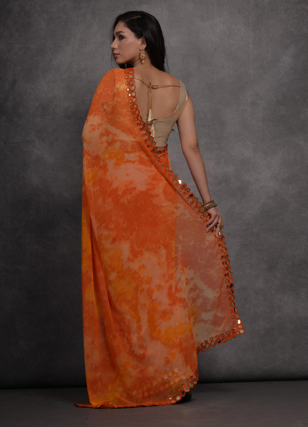Jyoti Fashion Women's Orange Chiffon Print with Mirror Work Designer Saree with Blouse