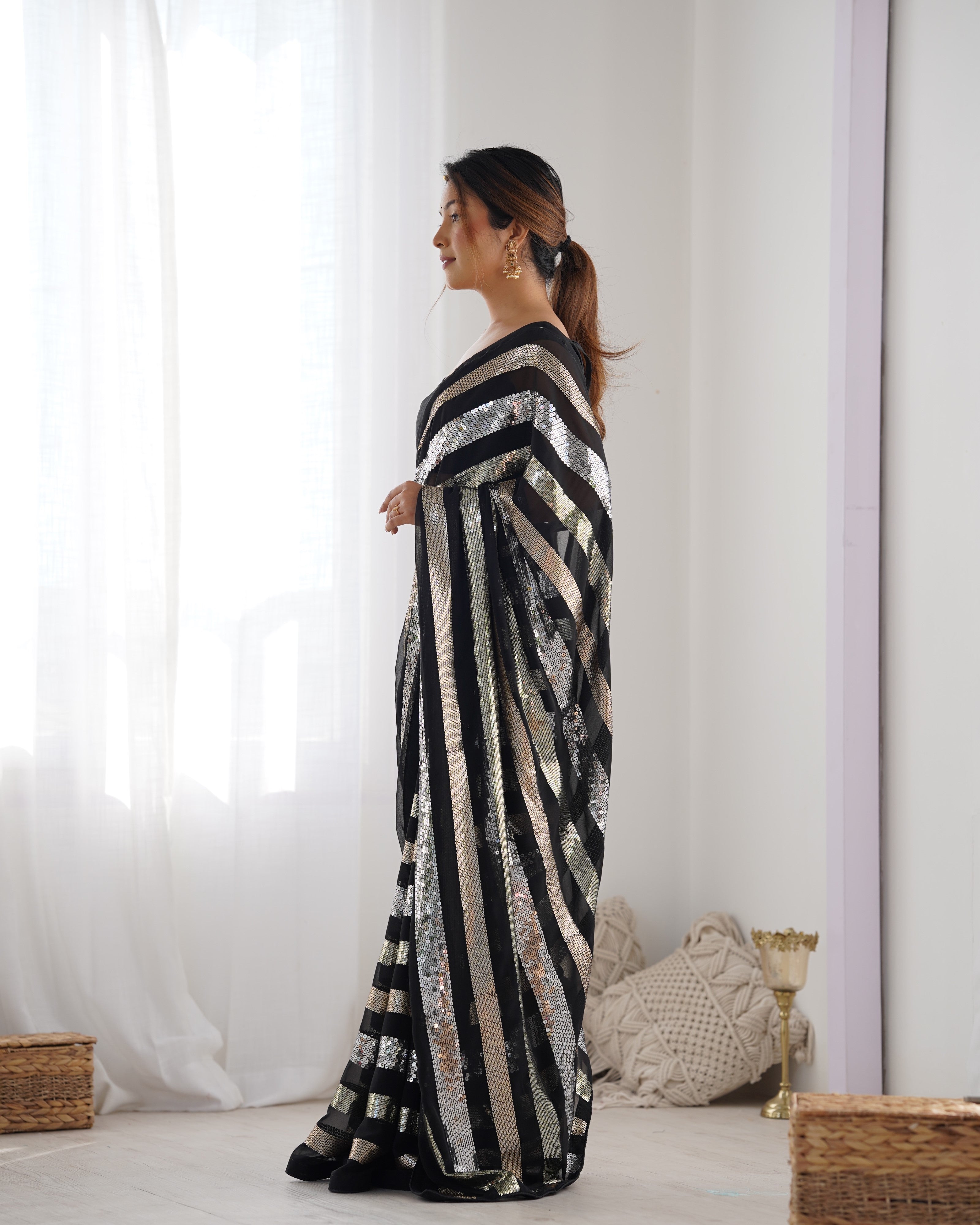 Women's Black Georgette Saree with Sequins and Silk Blouse