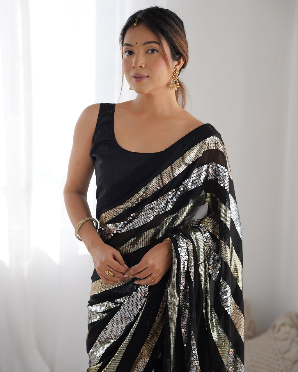 Women's Black Georgette Saree with Sequins and Silk Blouse