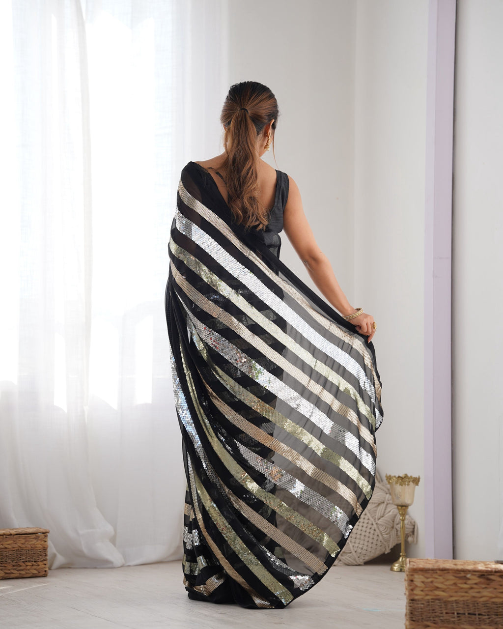 Women's Black Georgette Saree with Sequins and Silk Blouse