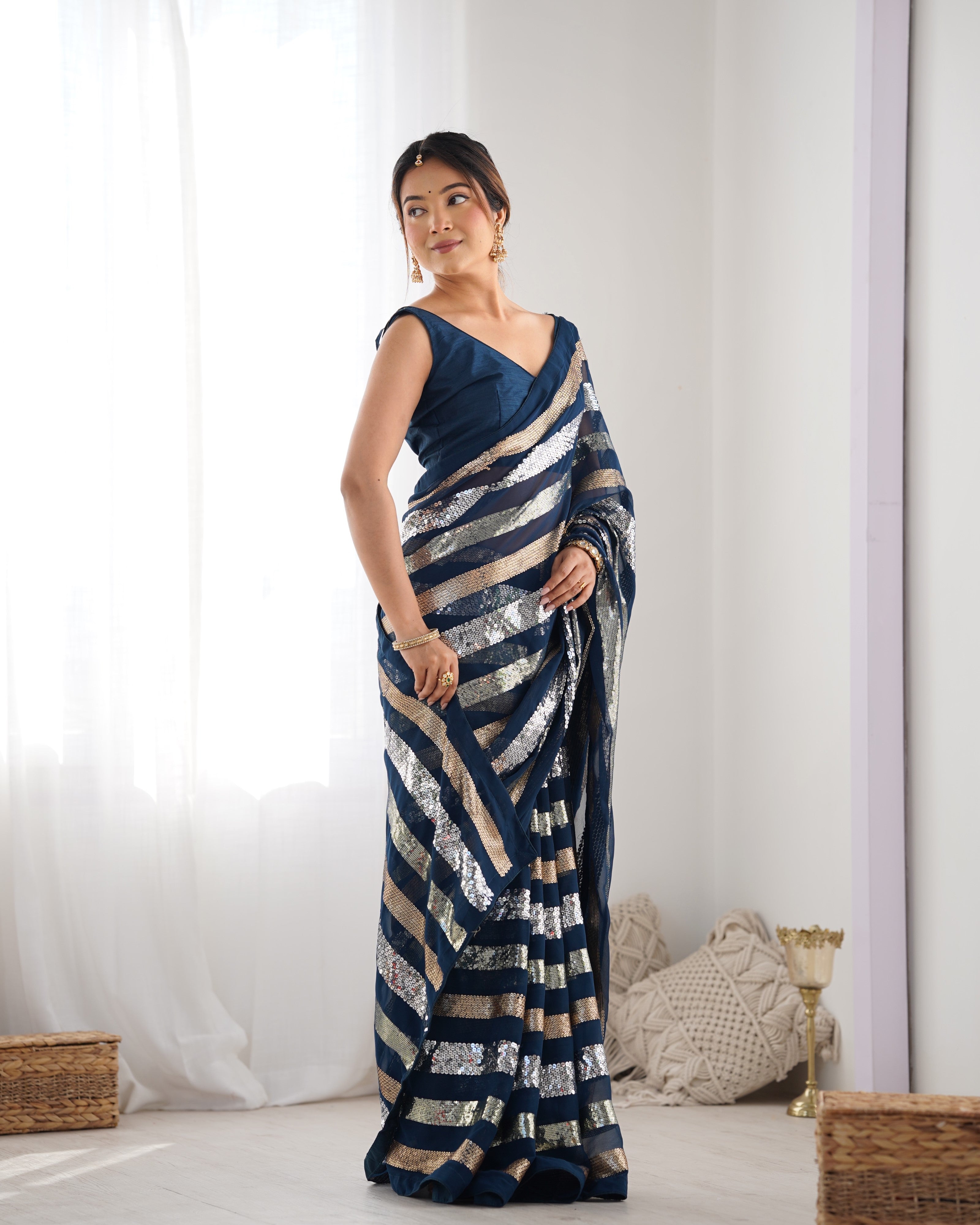 Teal Georgette Sequins Designer Saree with Blouse Piece