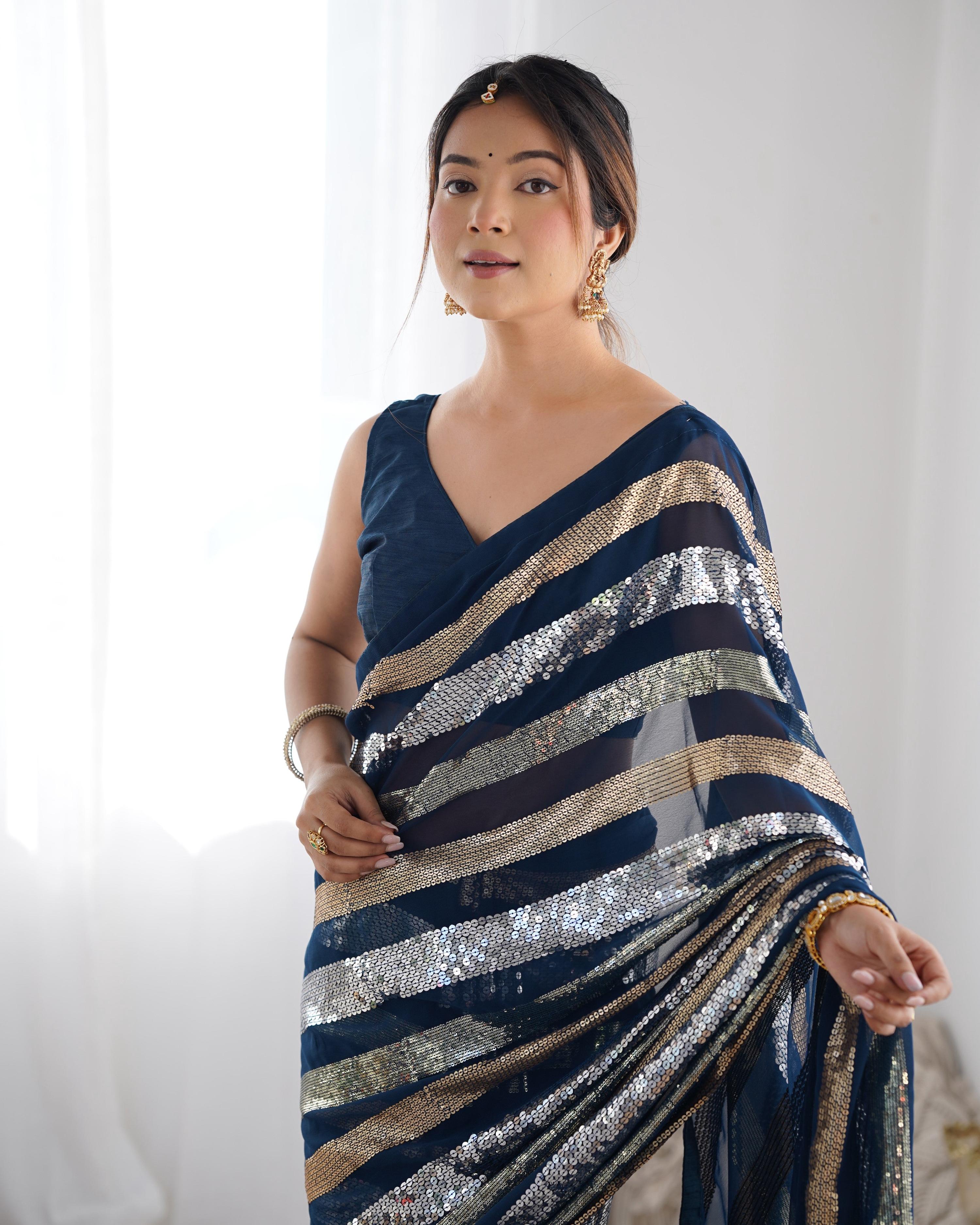 Teal Georgette Sequins Designer Saree with Blouse Piece