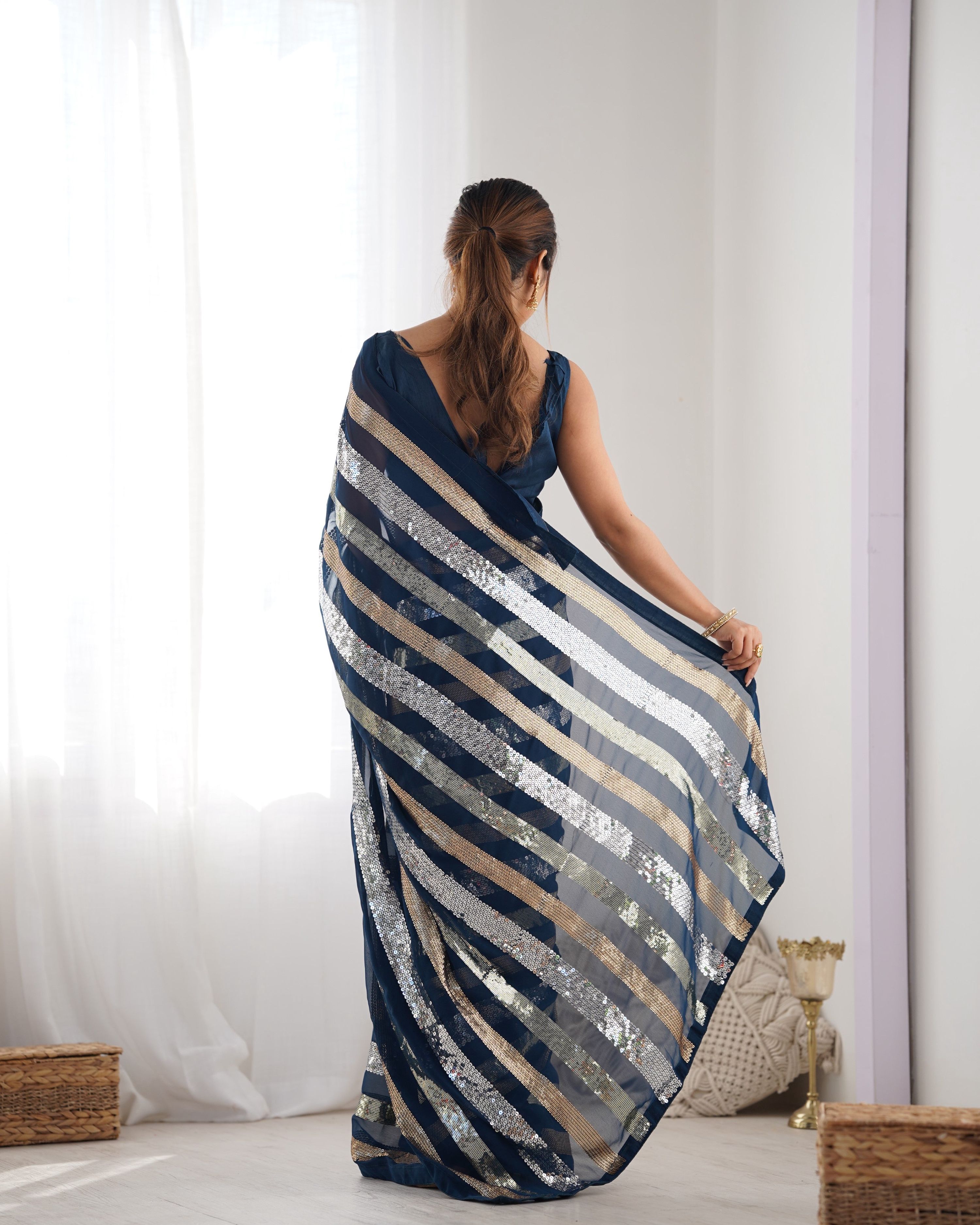 Teal Georgette Sequins Designer Saree with Blouse Piece