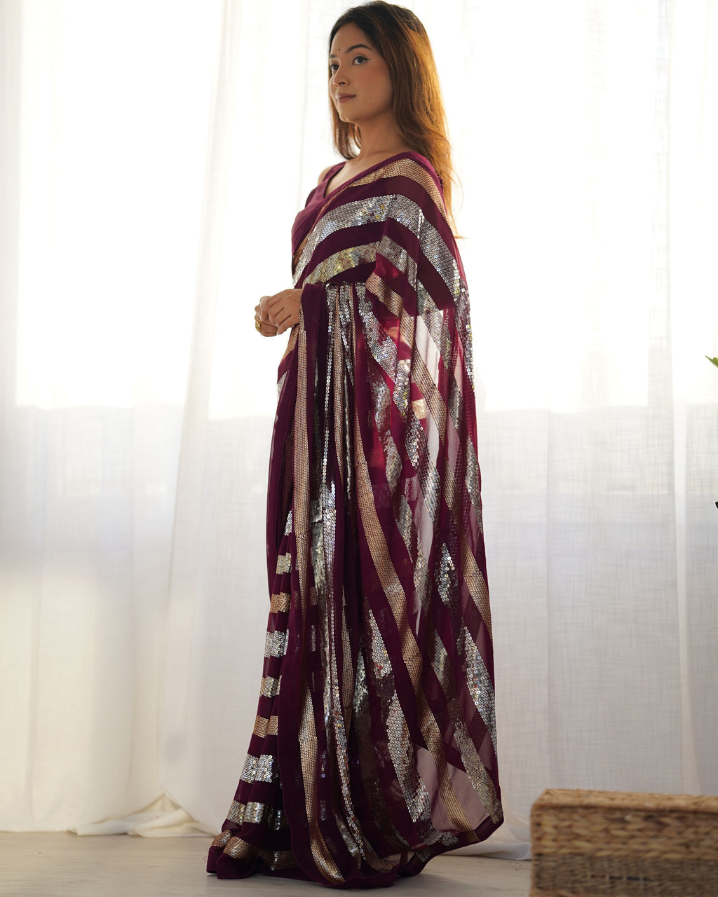 Jyoti Fashion Women's Wine Georgette Sequins Designer Saree with Blouse