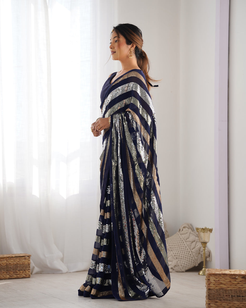 Navy Blue Georgette Sequins Designer Saree with Blouse