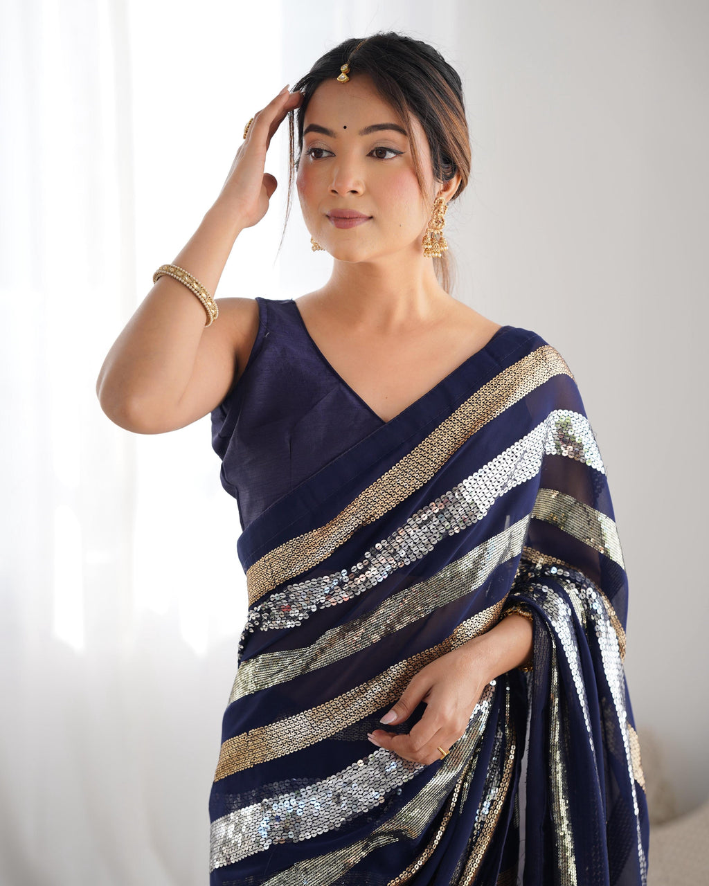 Navy Blue Georgette Sequins Designer Saree with Blouse