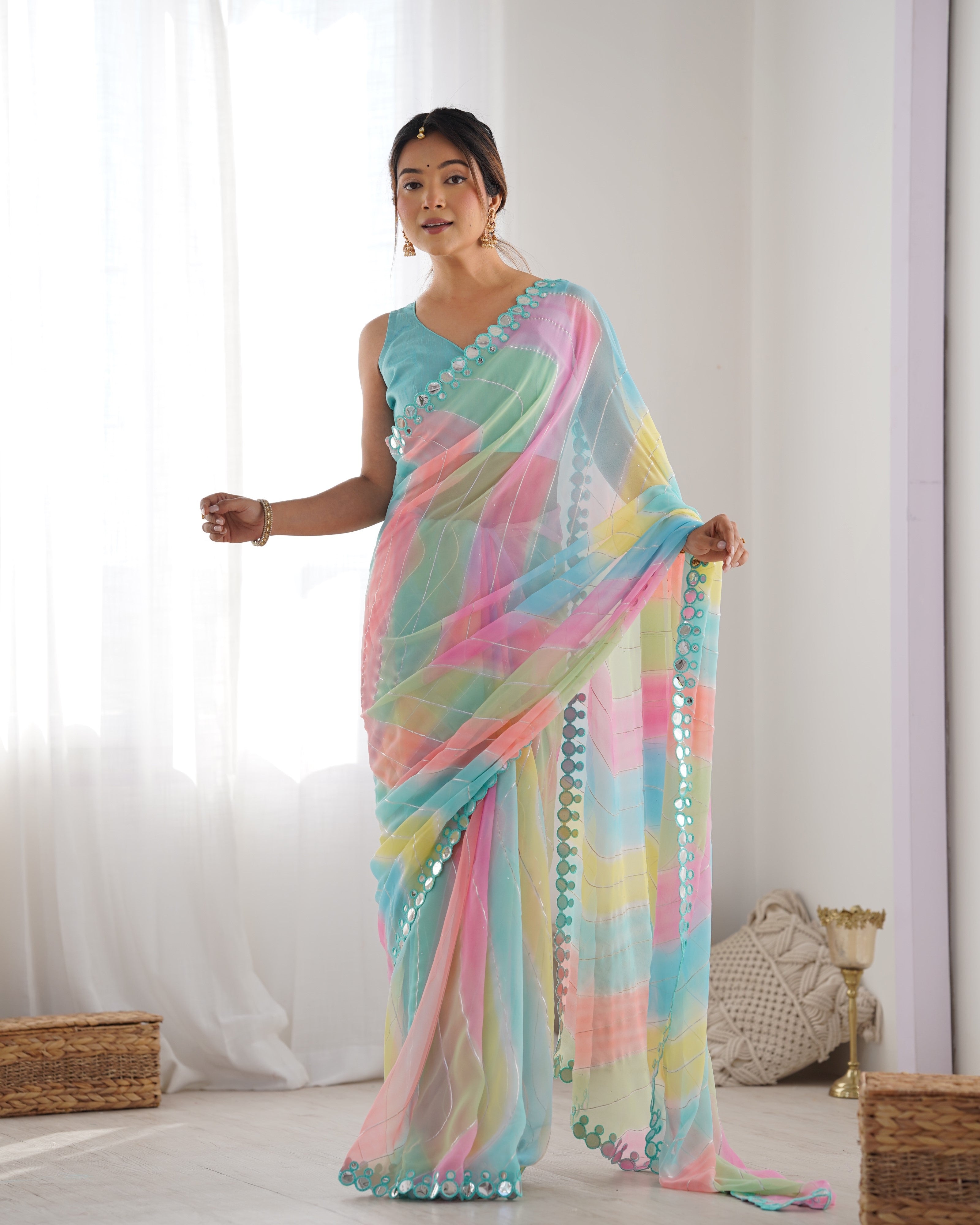 Multicolor Georgette Mirror Work Designer Saree with Blouse