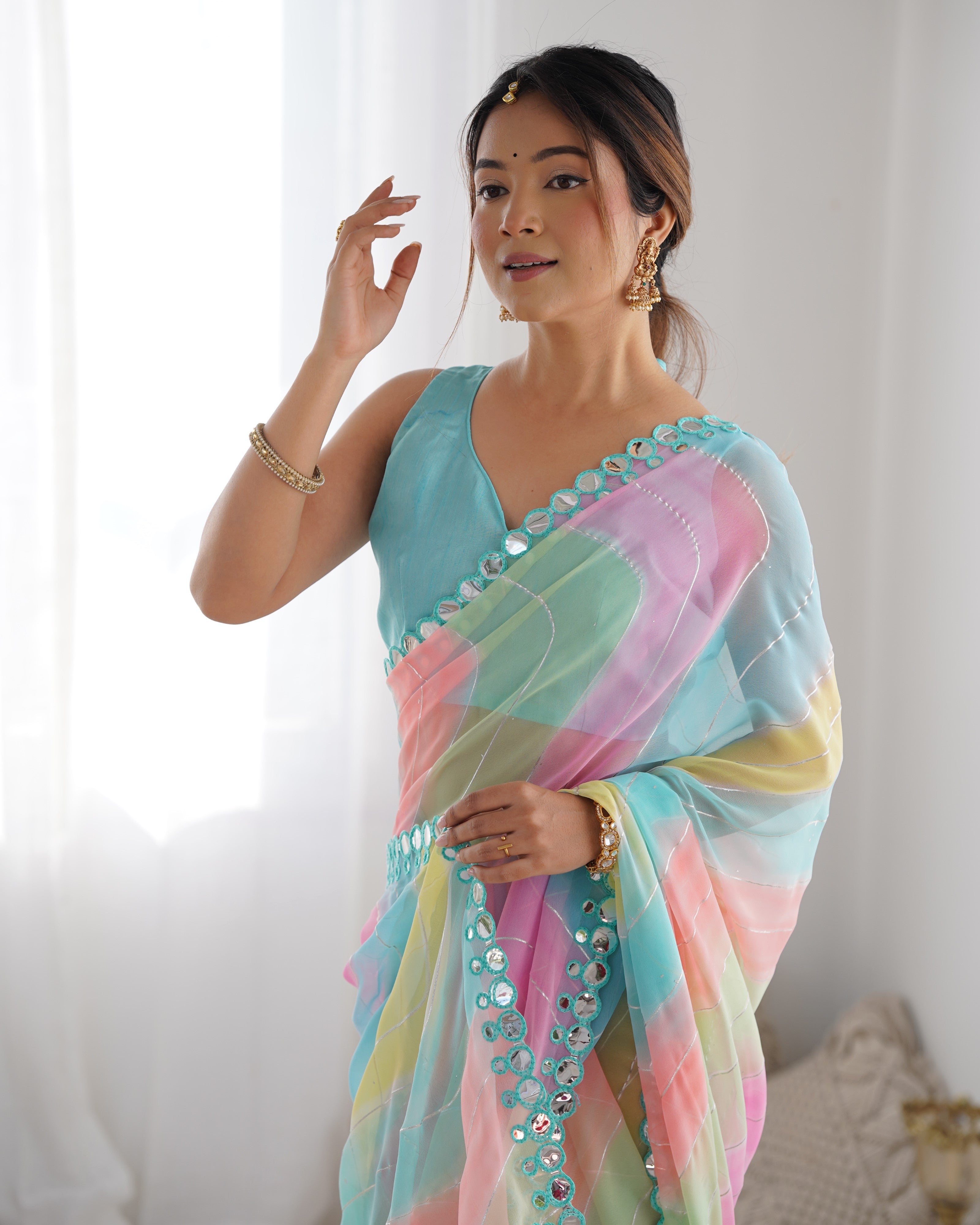 Multicolor Georgette Mirror Work Designer Saree with Blouse