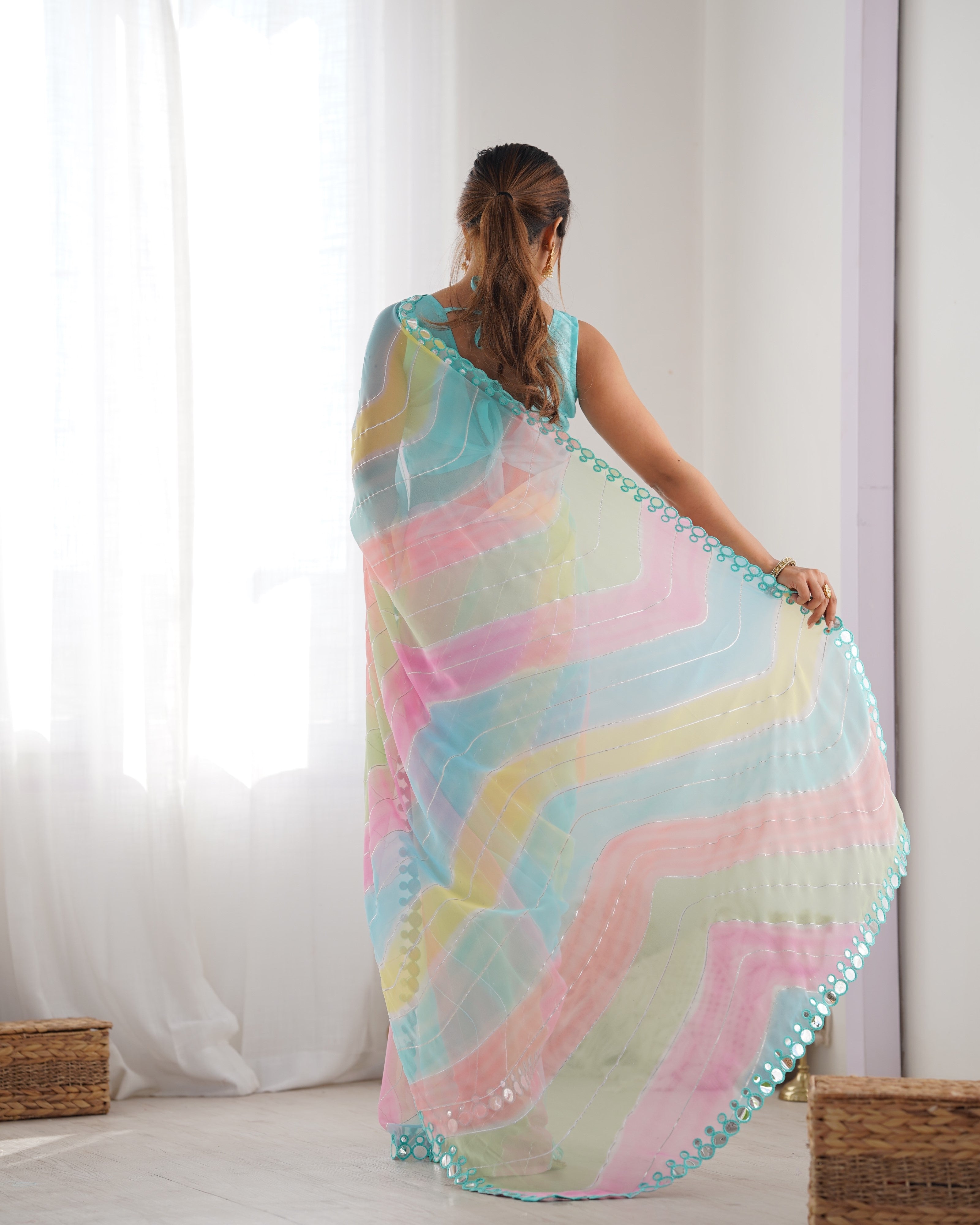 Multicolor Georgette Mirror Work Designer Saree with Blouse