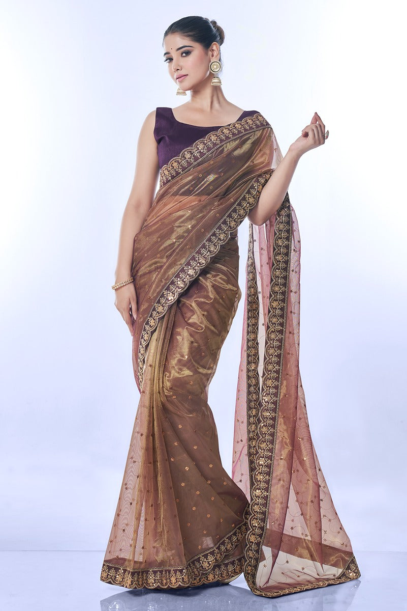 Brown Net Sequins Embroidered Designer Saree with Blouse
