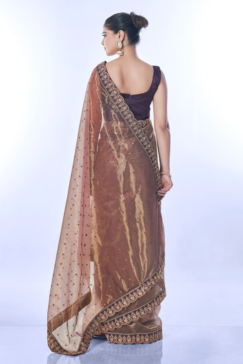 Brown Net Sequins Embroidered Designer Saree with Blouse
