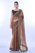 Brown net designer saree with sequins embroidery and banglory silk blouse