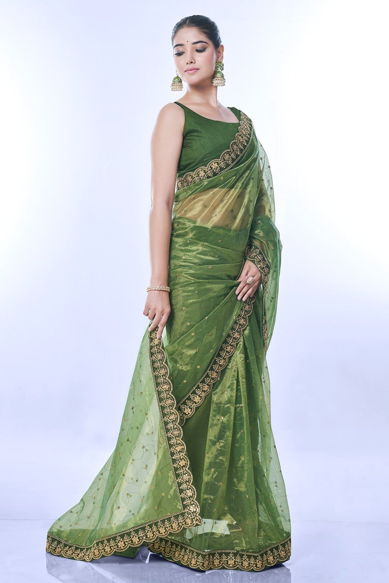 Green Net Sequins Embroidered Designer Saree with Blouse