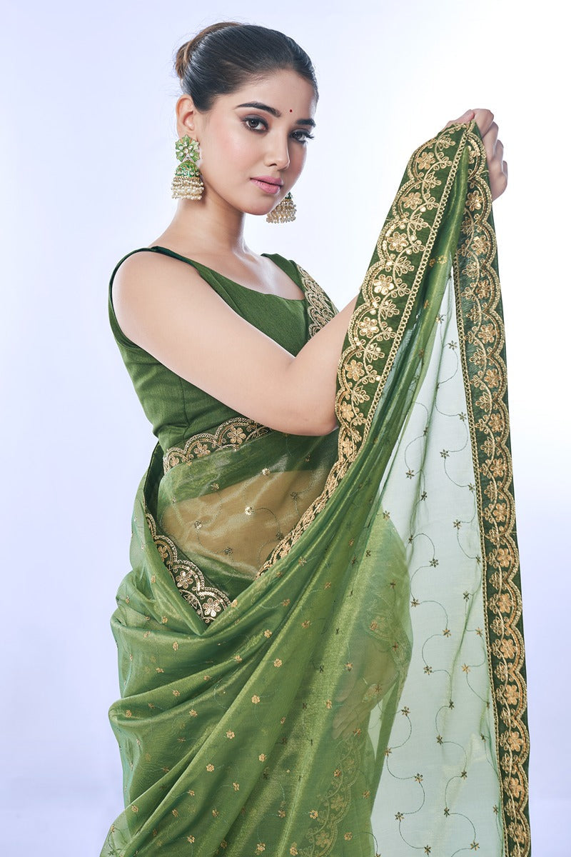Green Net Sequins Embroidered Designer Saree with Blouse