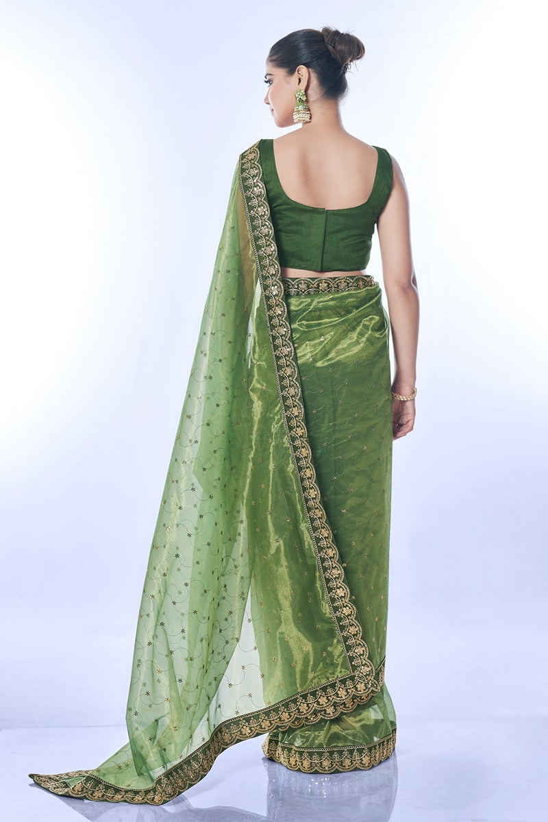 Green Net Sequins Embroidered Designer Saree with Blouse