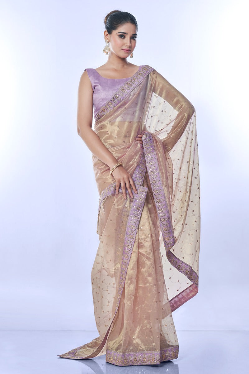 Purple Net Sequins Embroidered Designer Saree with Blouse