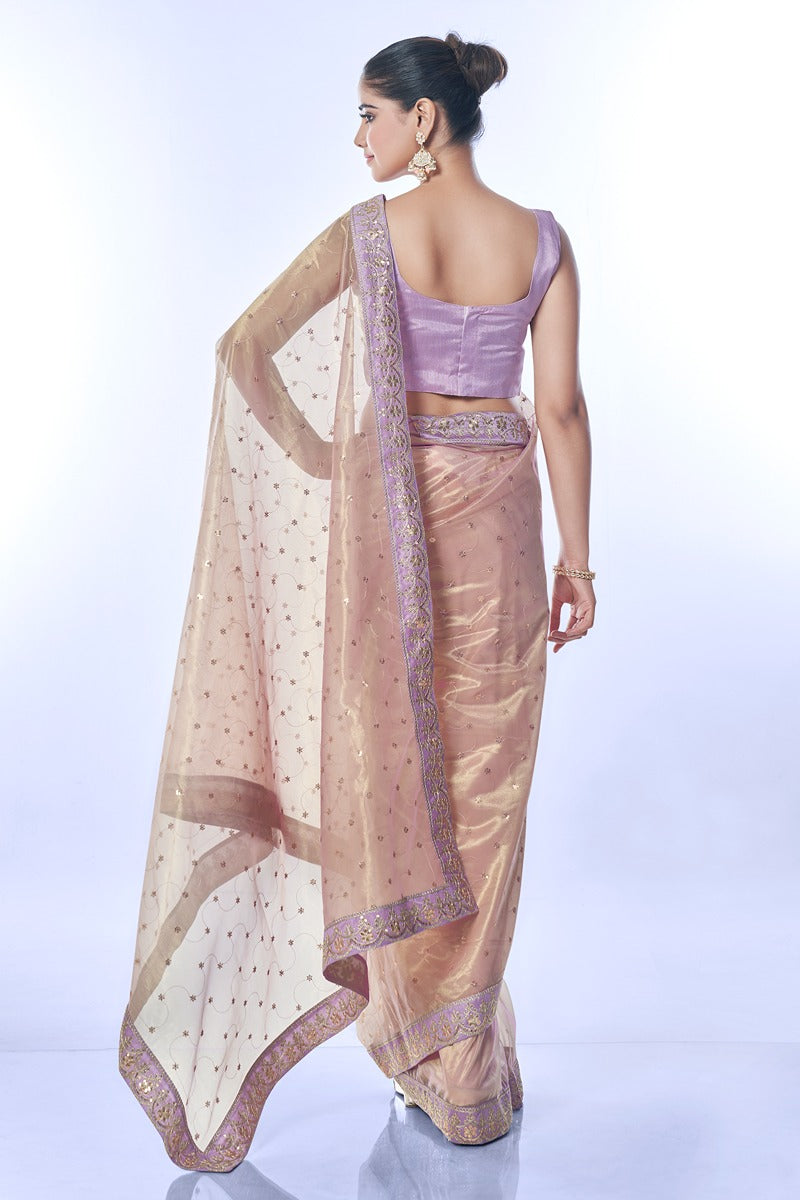 Purple Net Sequins Embroidered Designer Saree with Blouse