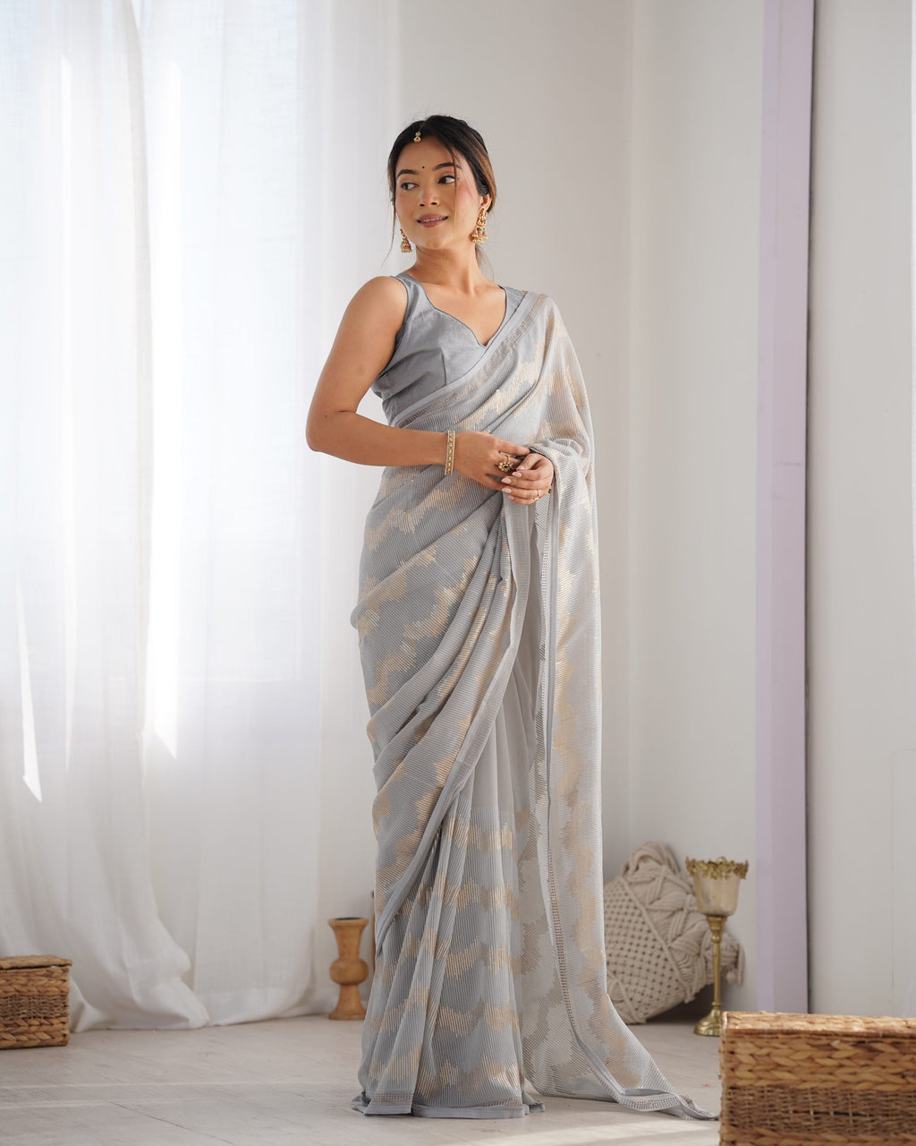 Jyoti Fashion Women's Grey Georgette Sequin Swarovski Designer Saree with Blouse