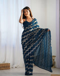 Jyoti Fashion Women's Teal Georgette Sequin Swarovski Designer Saree with Blouse