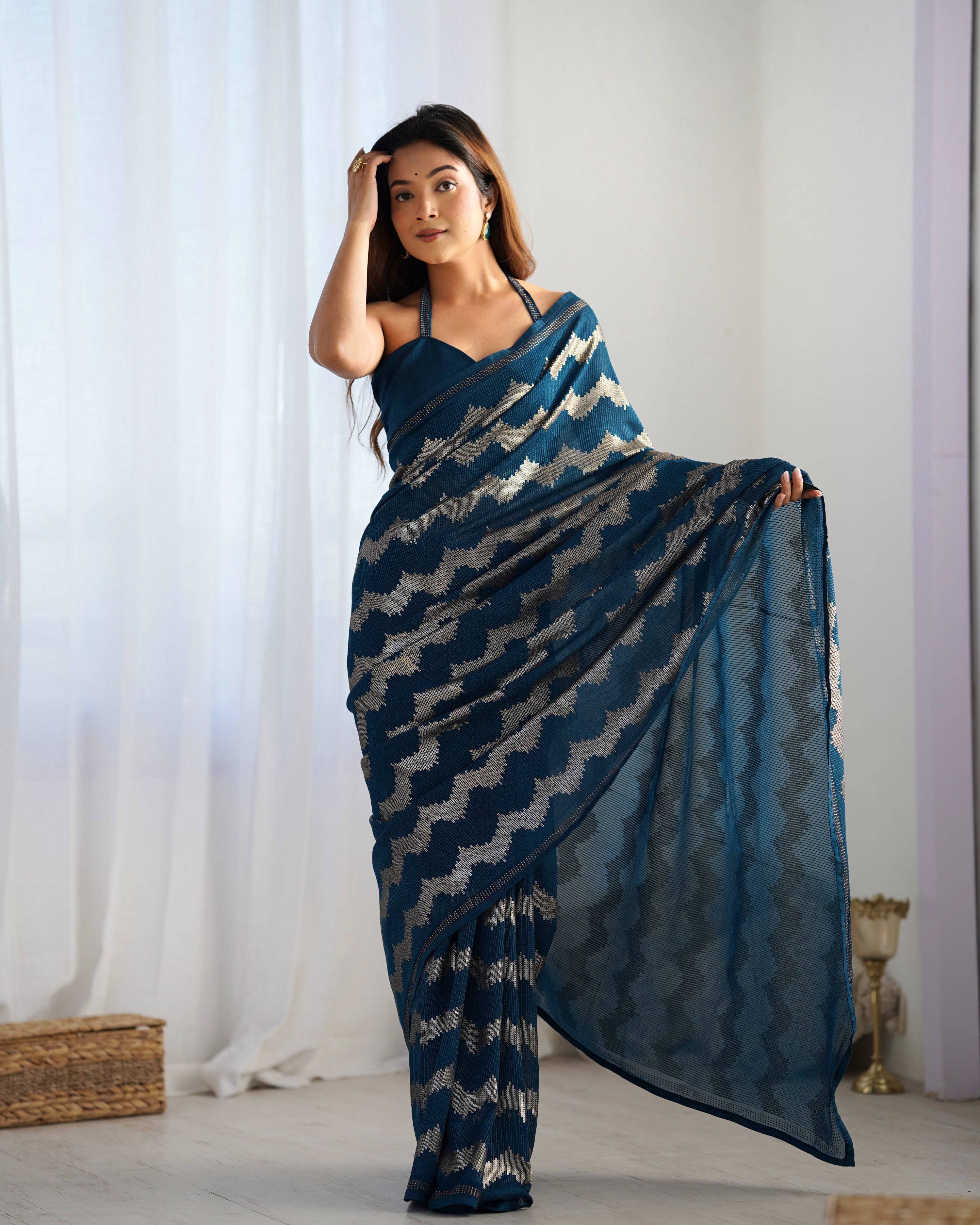 Jyoti Fashion Women's Teal Georgette Sequin Swarovski Designer Saree with Blouse