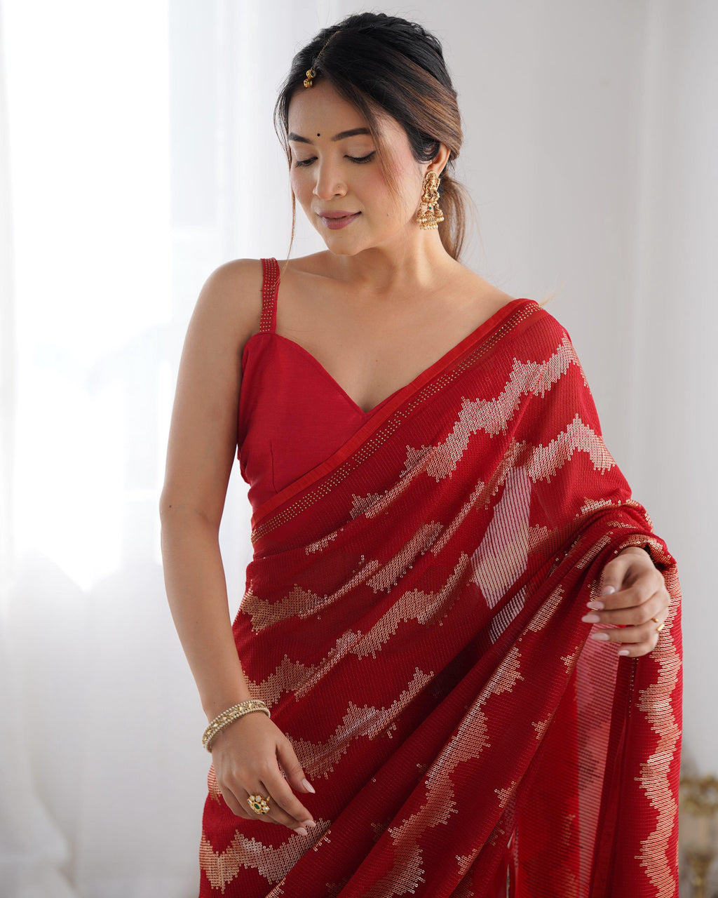 Red Georgette Sequin Swarovski Designer Saree with Blouse