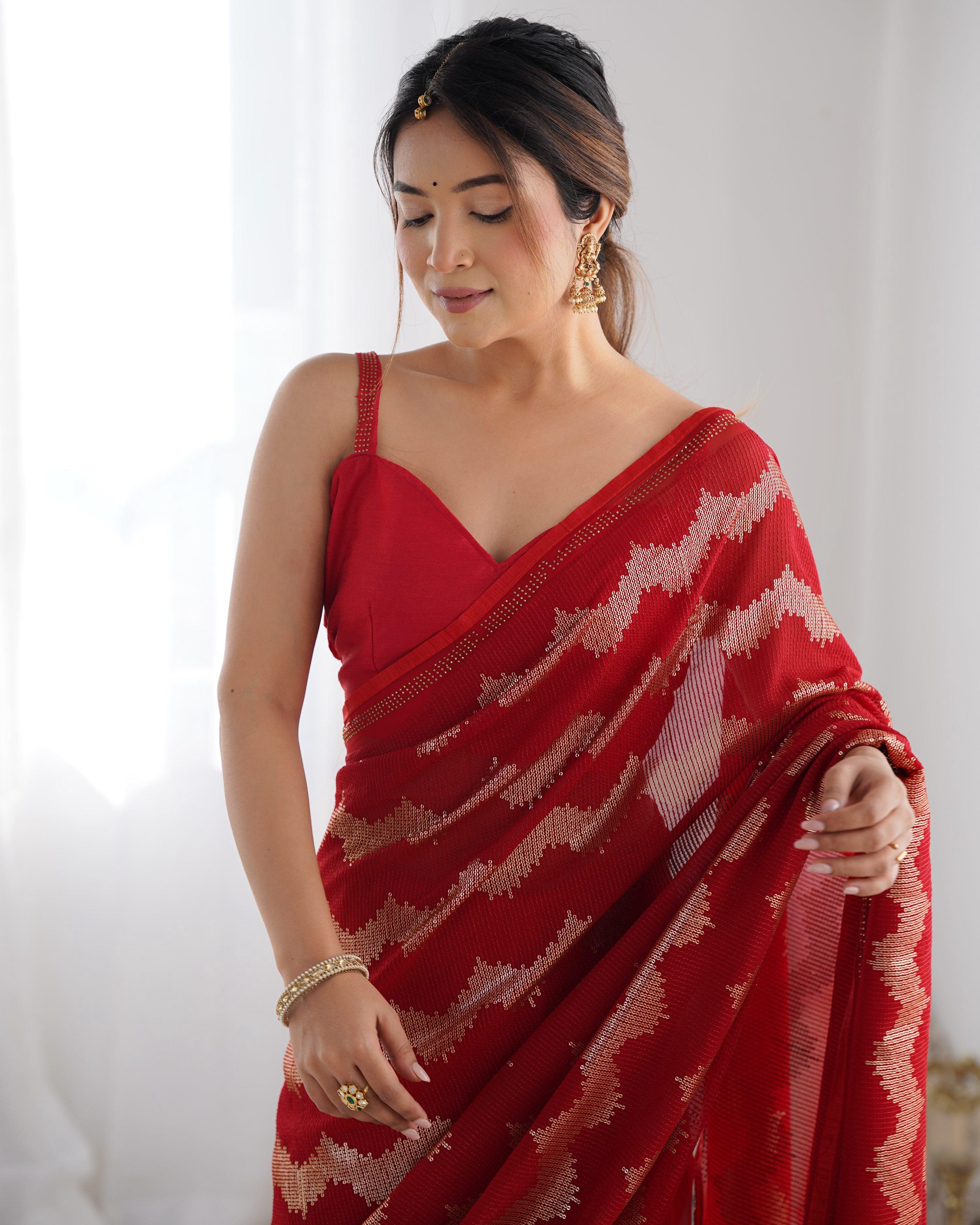 Red Georgette Sequin Swarovski Designer Saree with Blouse