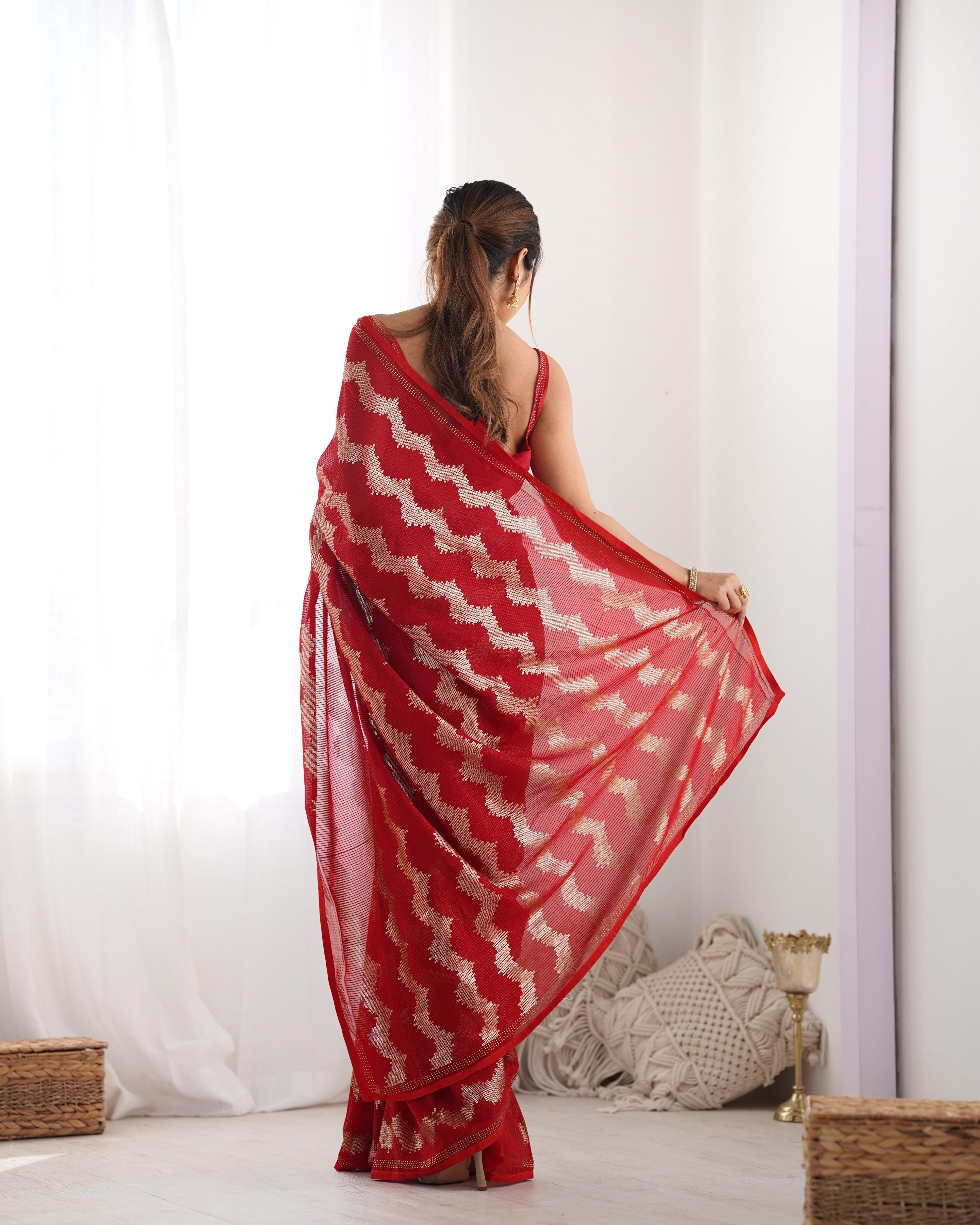 Red Georgette Sequin Swarovski Designer Saree with Blouse
