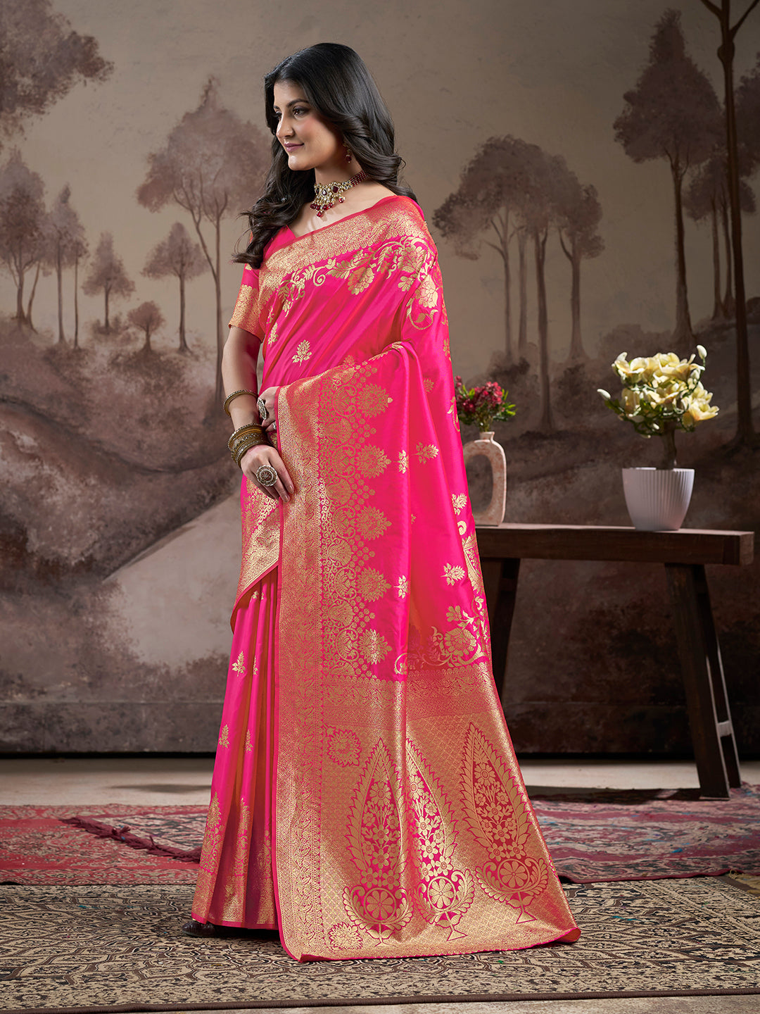 Pink Soft Lichi Silk Jacquard Saree with Blouse Piece