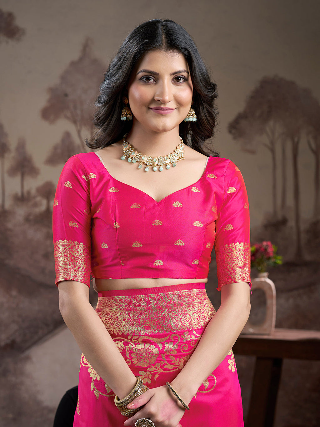 Pink Soft Lichi Silk Jacquard Saree with Blouse Piece