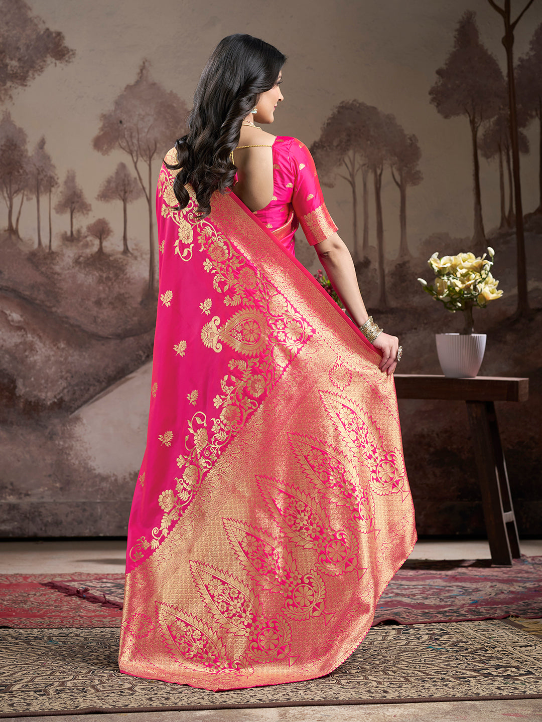 Pink Soft Lichi Silk Jacquard Saree with Blouse Piece