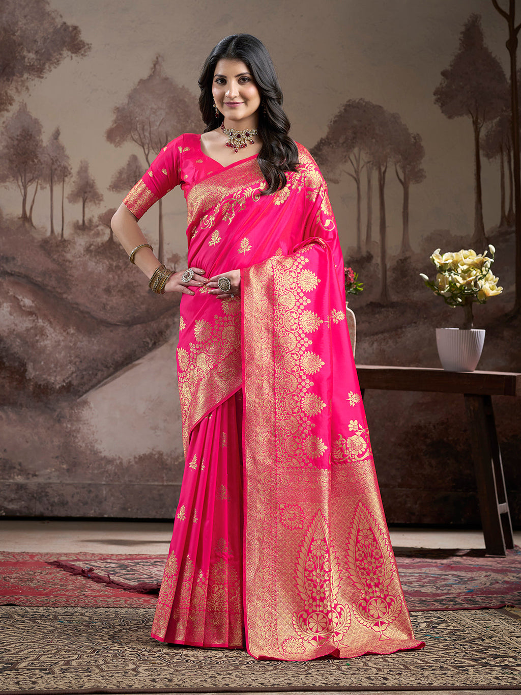 Pink soft lichi silk jacquard traditional saree