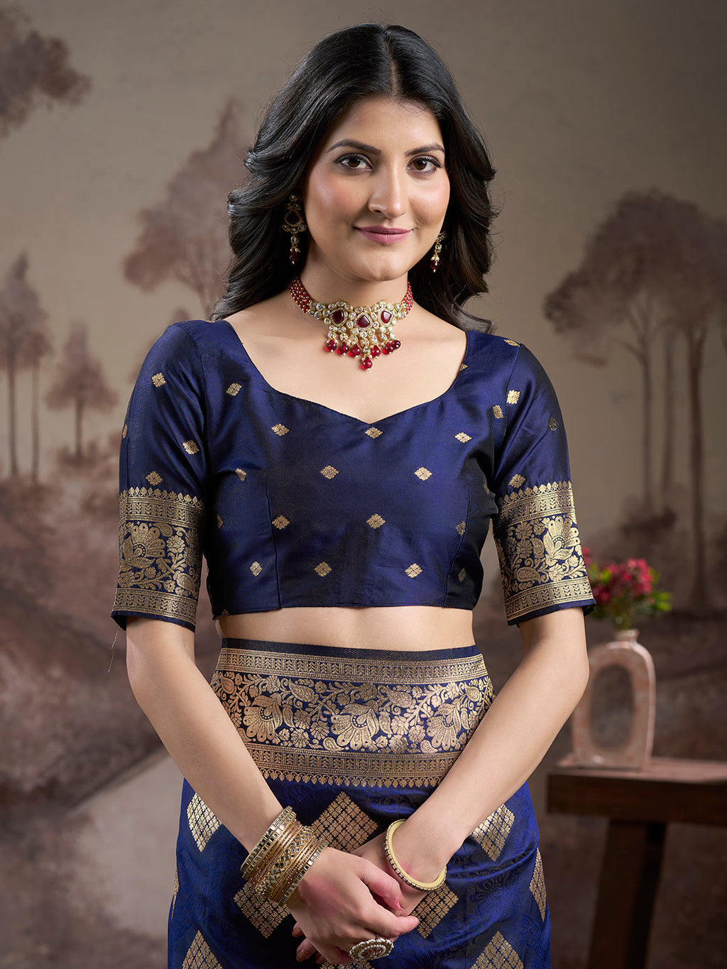 Jyoti Fashion Women's Navy Blue Soft Lichi Silk Jacquard Traditional Saree with Blouse