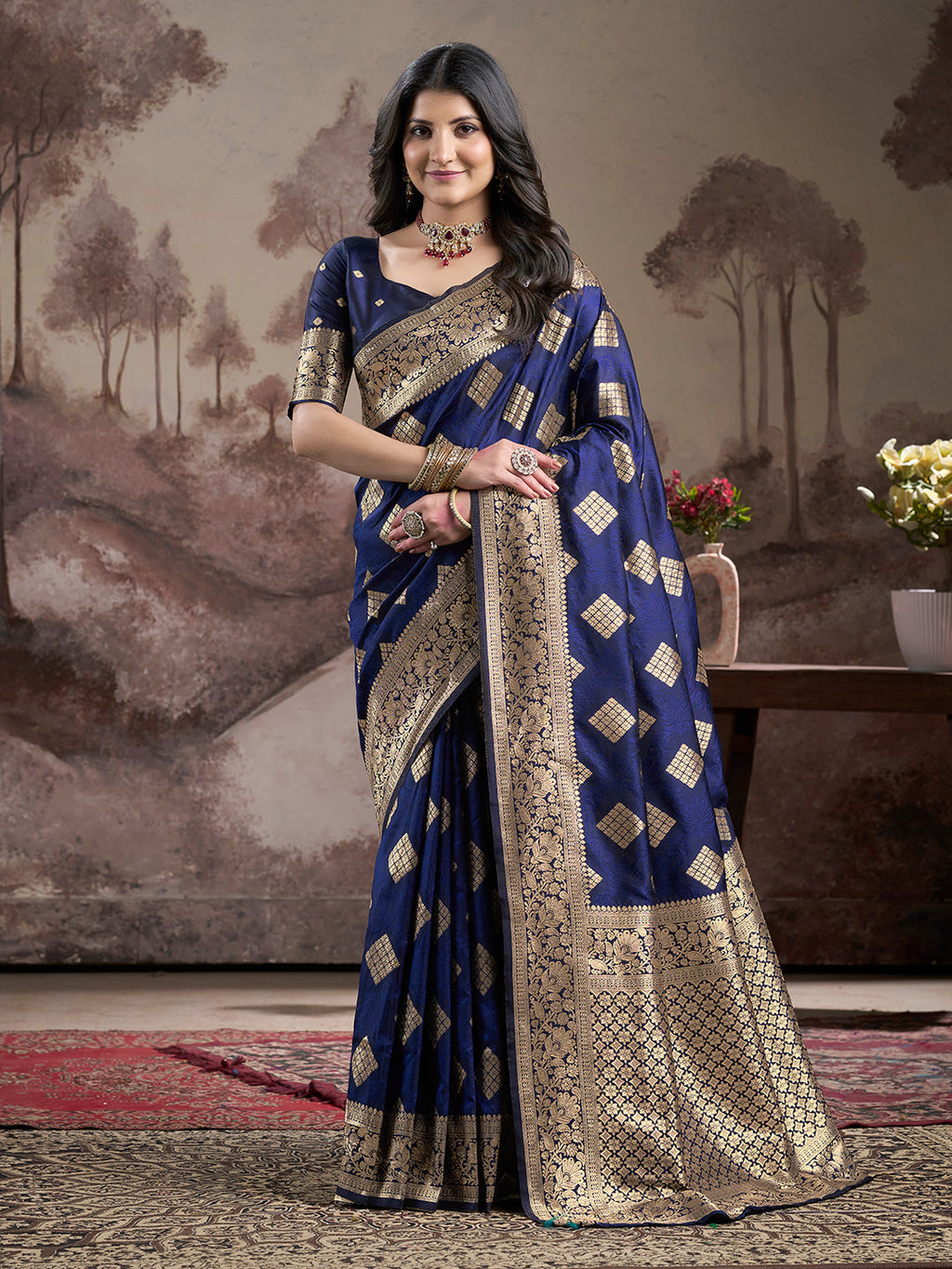 Jyoti Fashion Women's Navy Blue Soft Lichi Silk Jacquard Traditional Saree with Blouse