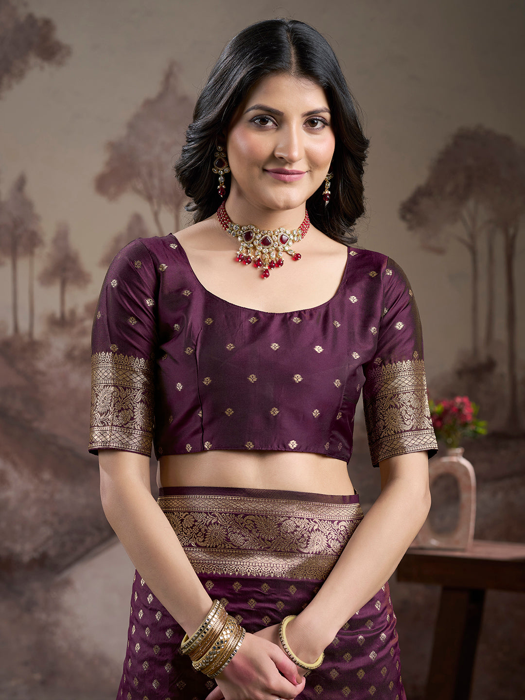 Jyoti Fashion Women's Wine Soft Lichi Silk Jacquard Traditional Saree with Blouse