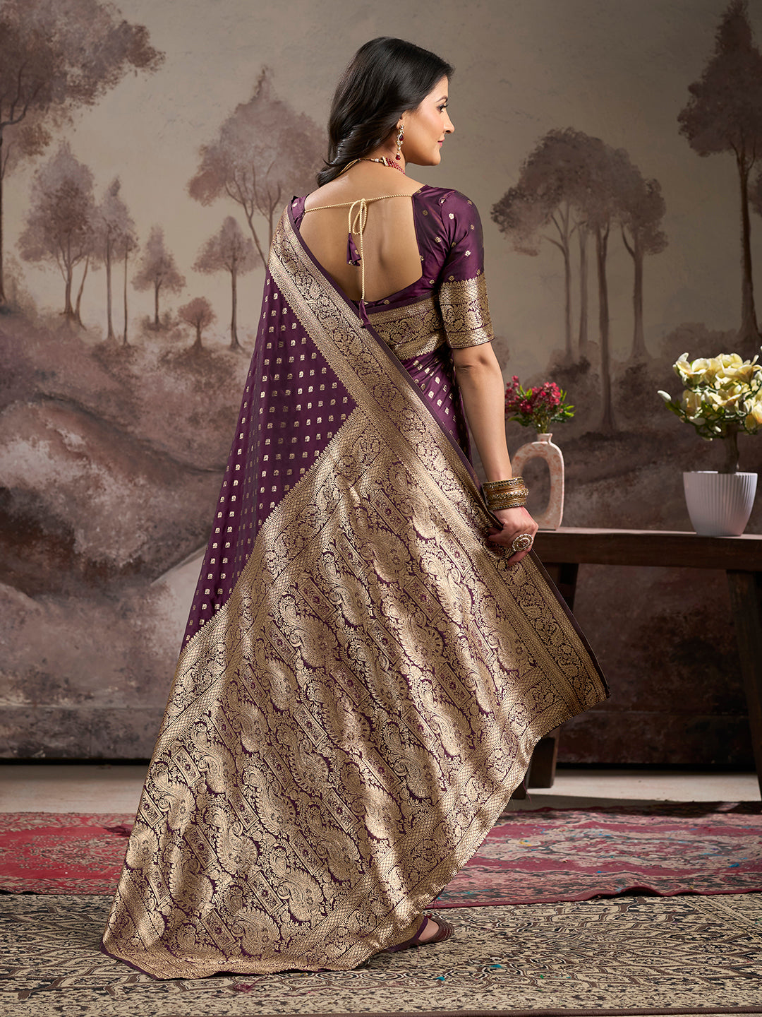 Jyoti Fashion Women's Wine Soft Lichi Silk Jacquard Traditional Saree with Blouse