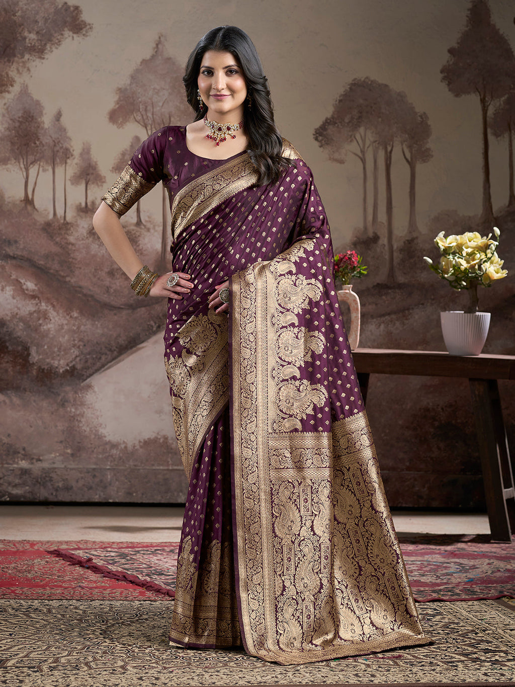 Jyoti Fashion Women's Wine Soft Lichi Silk Jacquard Traditional Saree with Blouse