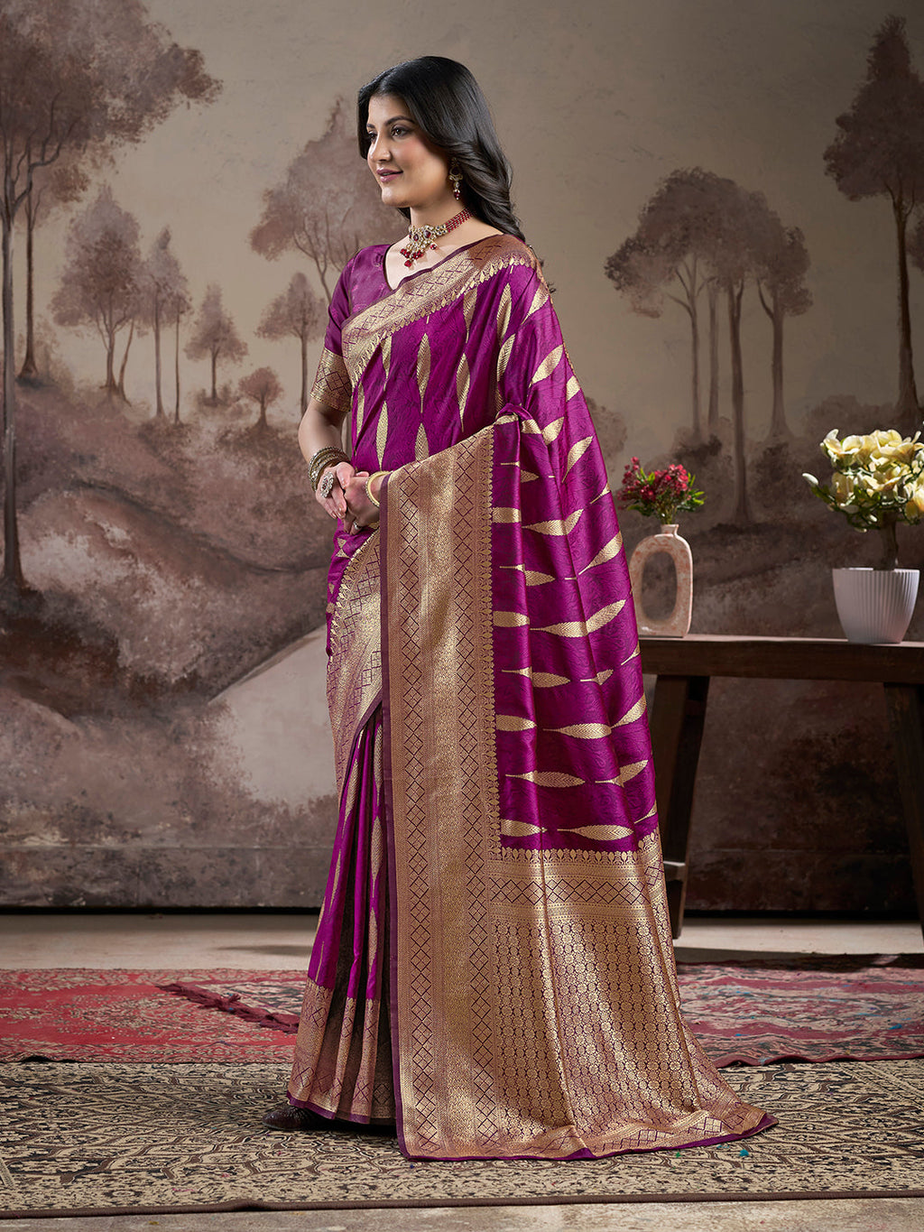 Purple Soft Lichi Silk Jacquard Traditional Saree with Blouse