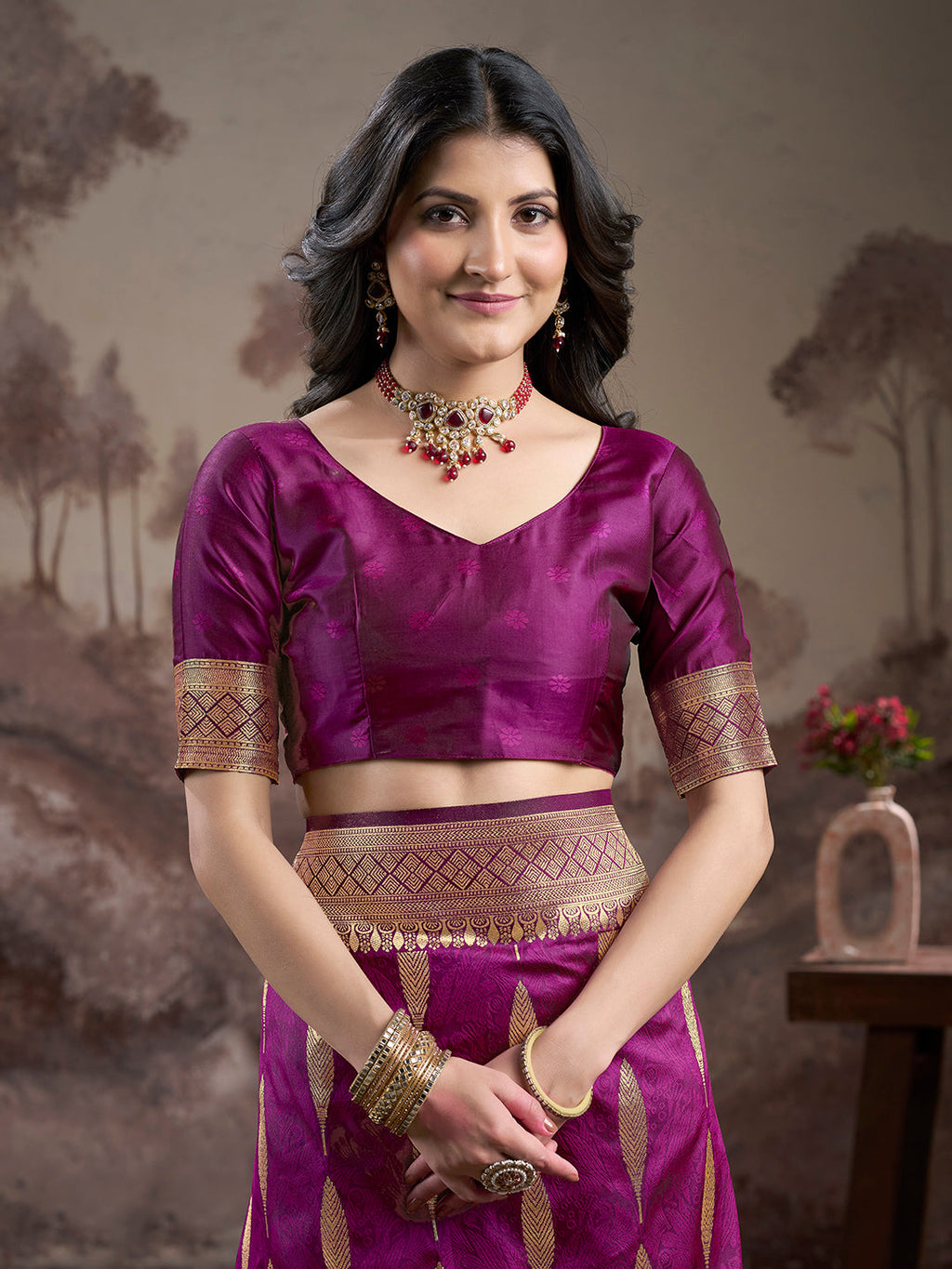 Purple Soft Lichi Silk Jacquard Traditional Saree with Blouse