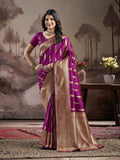 Deep purple soft lichi silk saree with intricate jacquard weaving and matching unstitched blouse