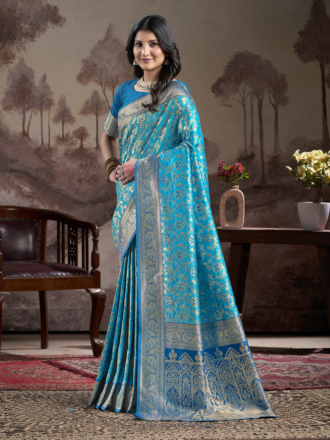 Sky Blue Soft Lichi Silk Jacquard Traditional Saree with Blouse