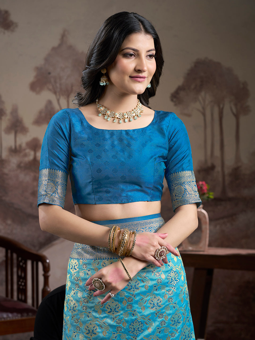 Sky Blue Soft Lichi Silk Jacquard Traditional Saree with Blouse