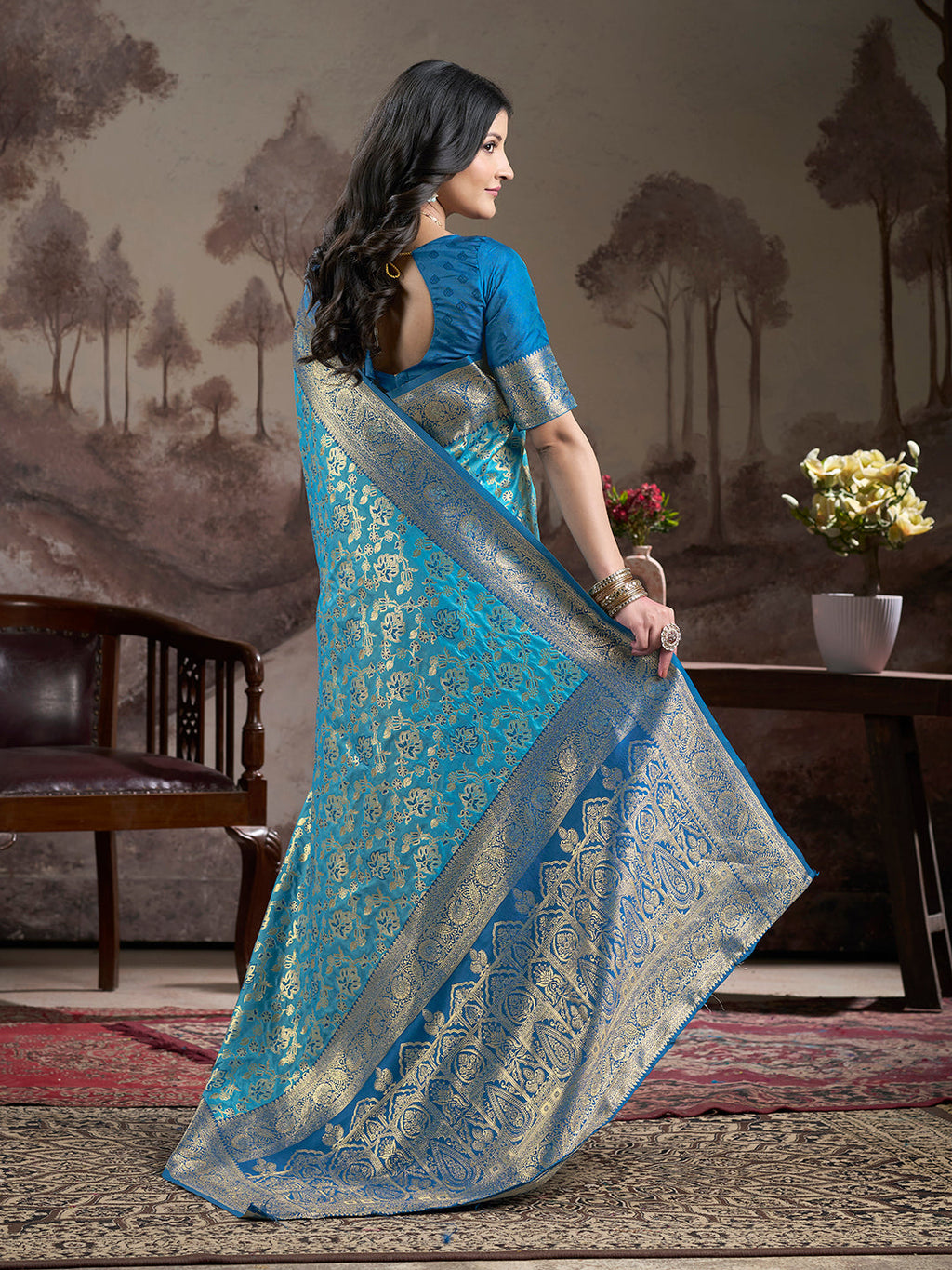 Sky Blue Soft Lichi Silk Jacquard Traditional Saree with Blouse