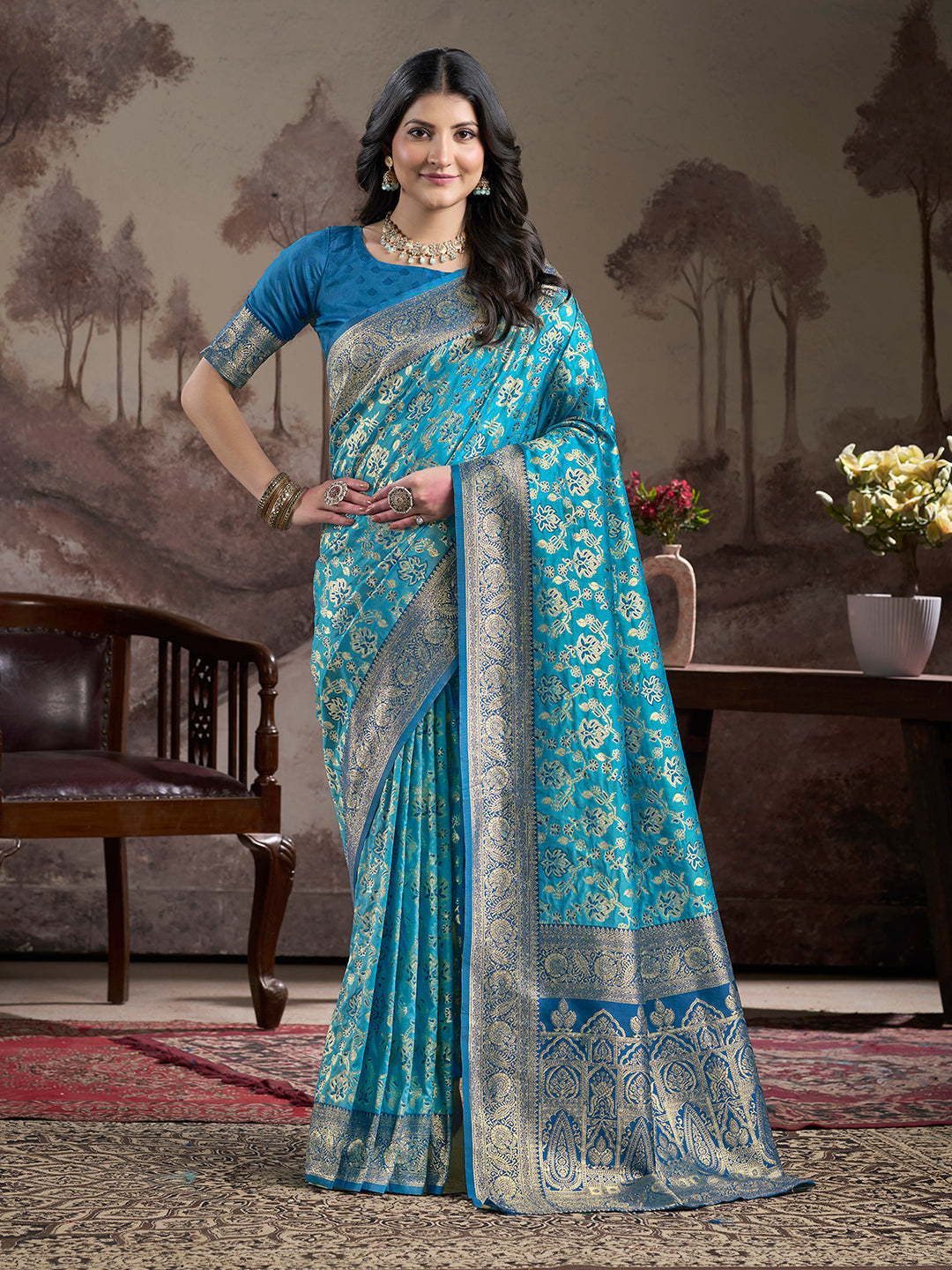 Sky blue soft lichi silk jacquard traditional saree with matching blouse