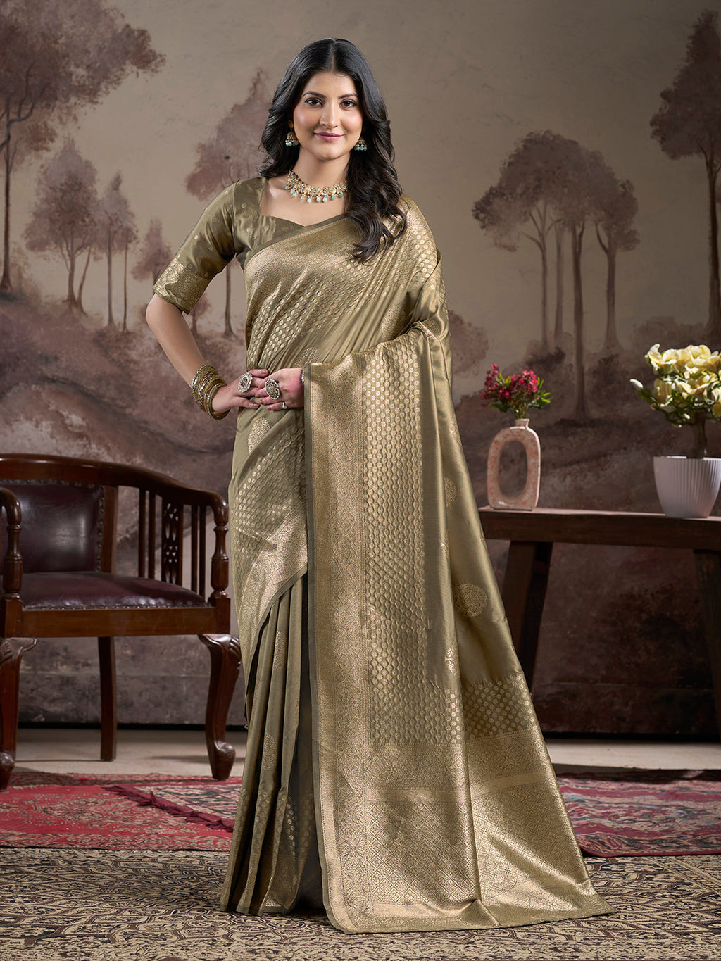 Jyoti Fashion Women's Beige Soft Lichi Silk Jacquard Traditional Saree with Blouse